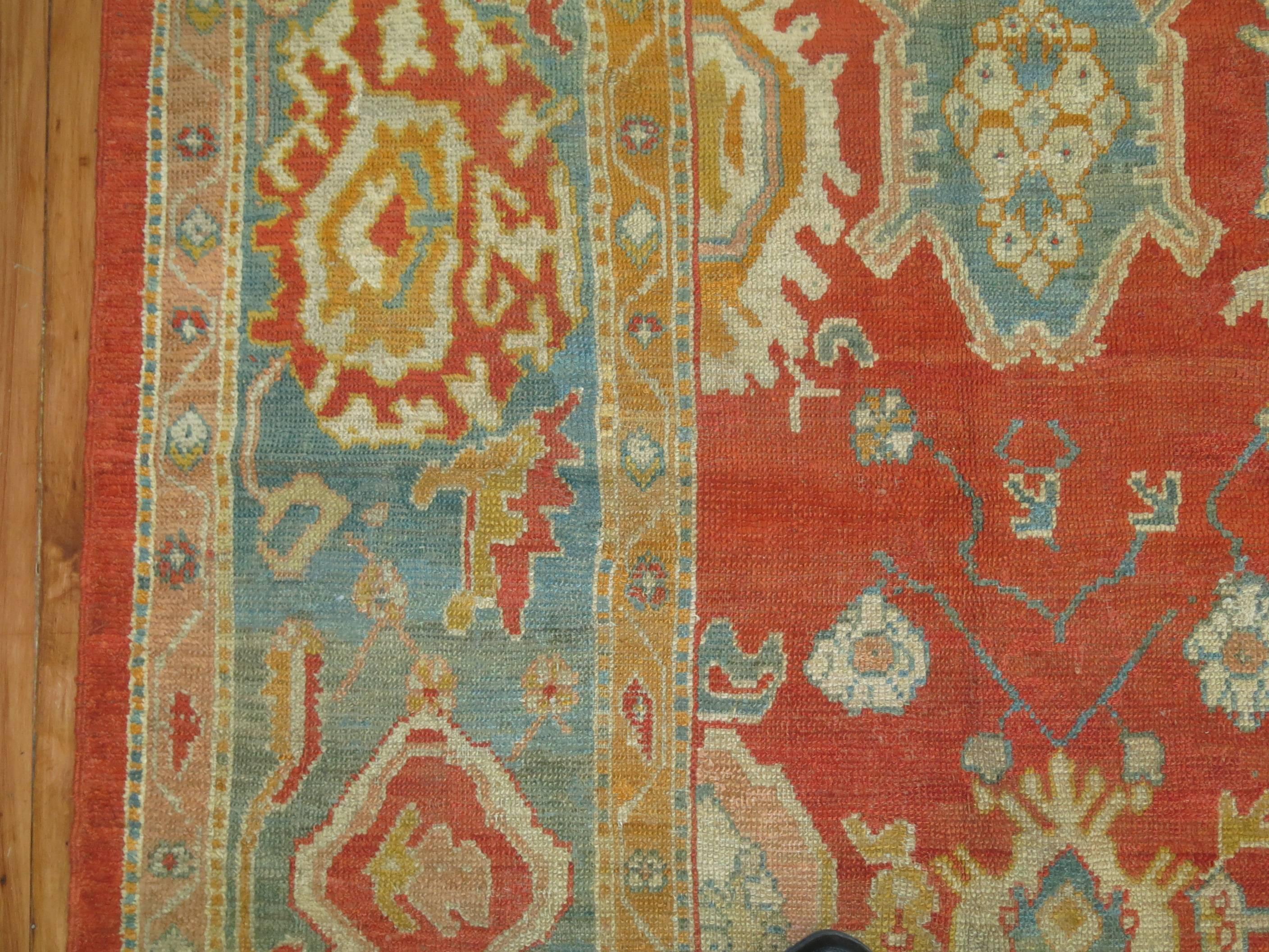 Room Size Orange Field Teal Border Late 19th Century Antique Turkish Oushak Rug For Sale 2