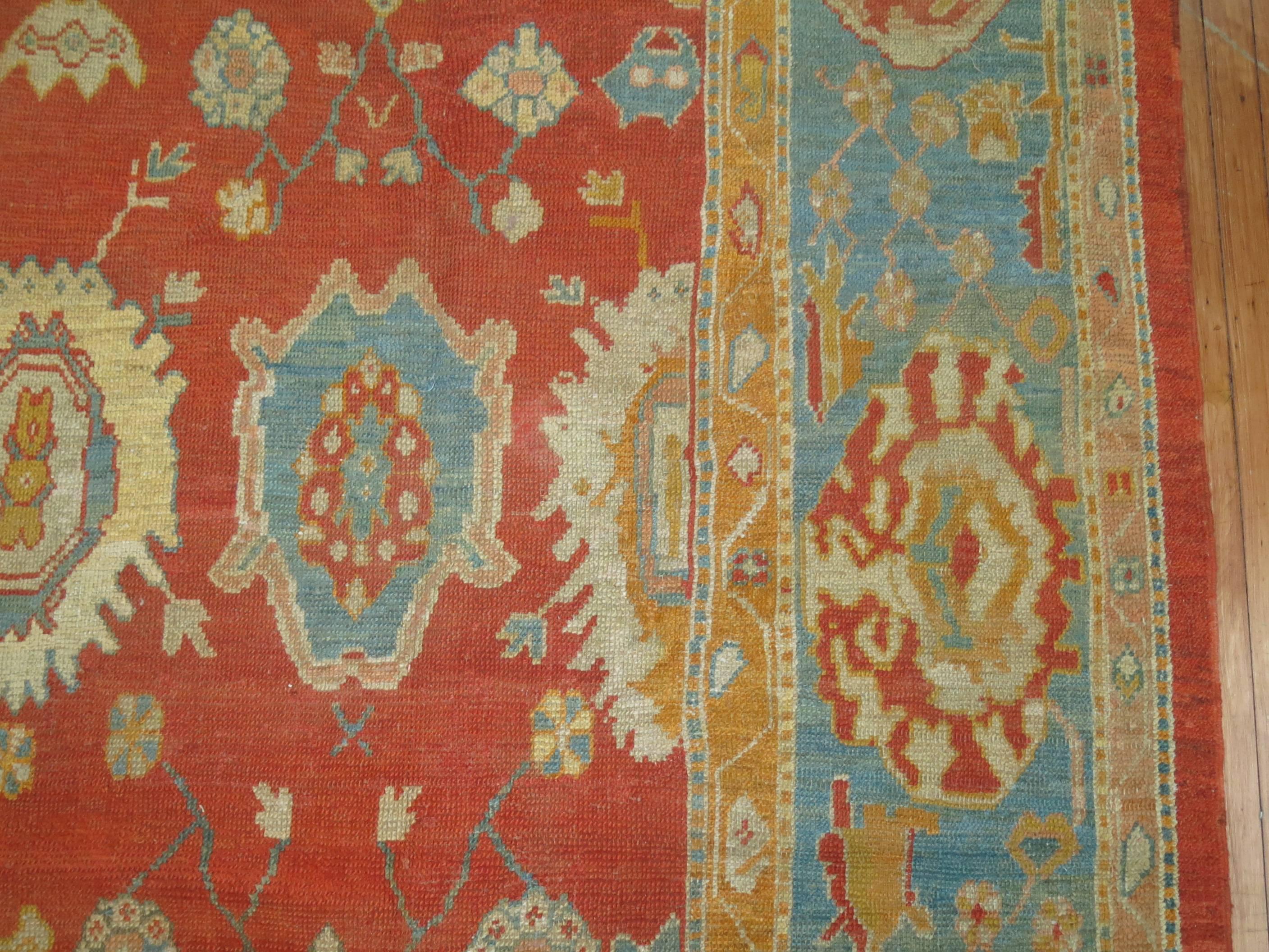 Hand-Woven Room Size Orange Field Teal Border Late 19th Century Antique Turkish Oushak Rug For Sale