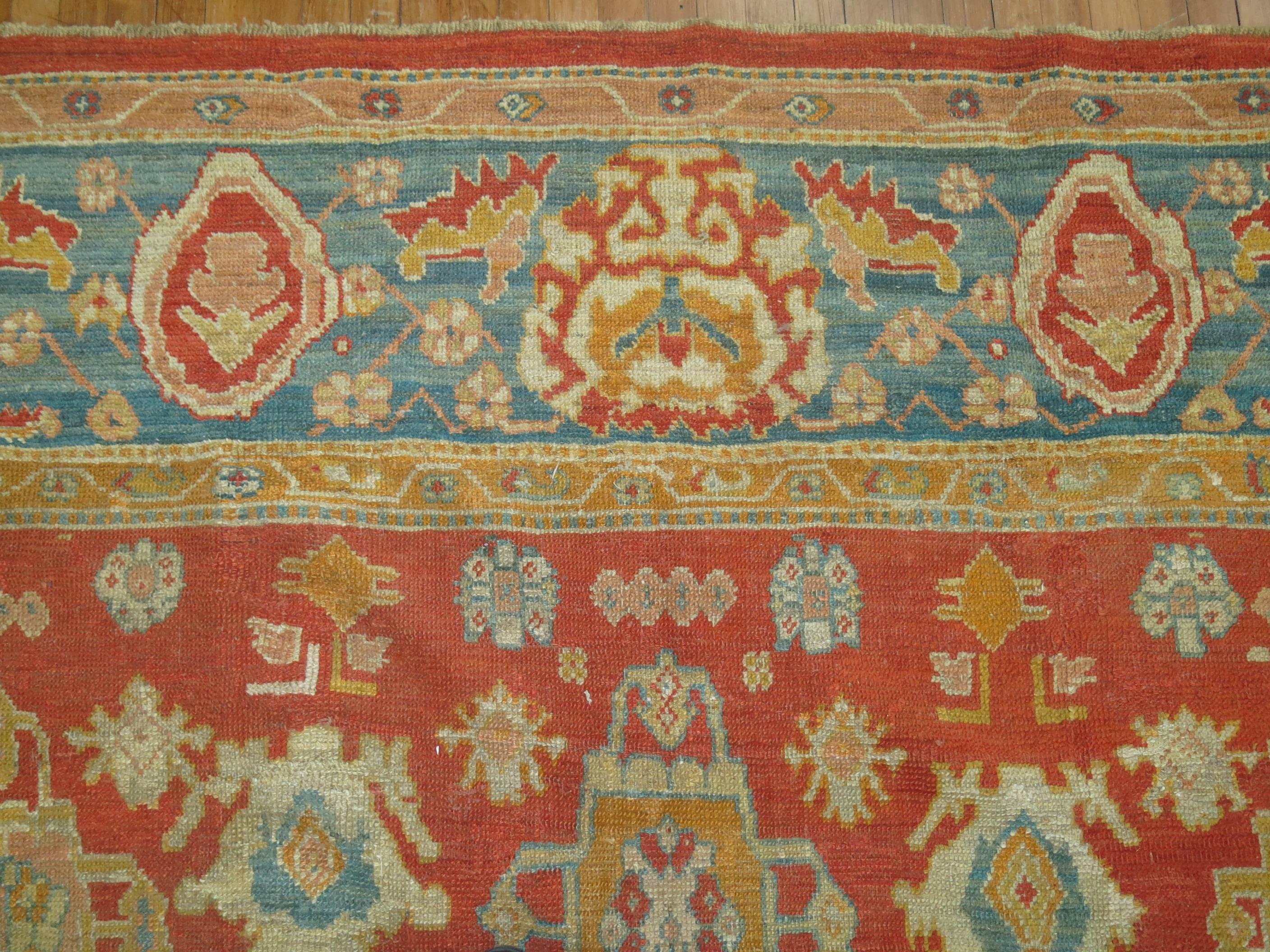 Room Size Orange Field Teal Border Late 19th Century Antique Turkish Oushak Rug For Sale 3