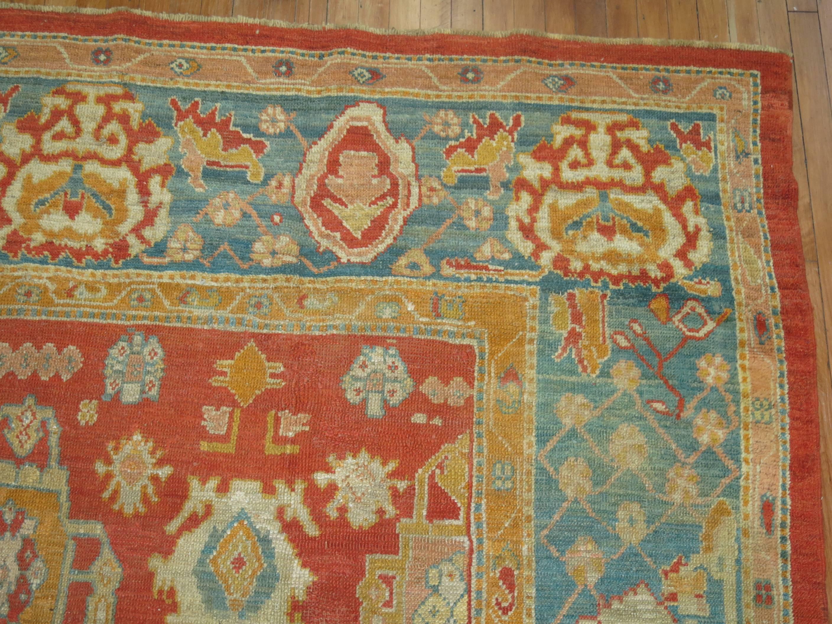 Room Size Orange Field Teal Border Late 19th Century Antique Turkish Oushak Rug In Good Condition For Sale In New York, NY