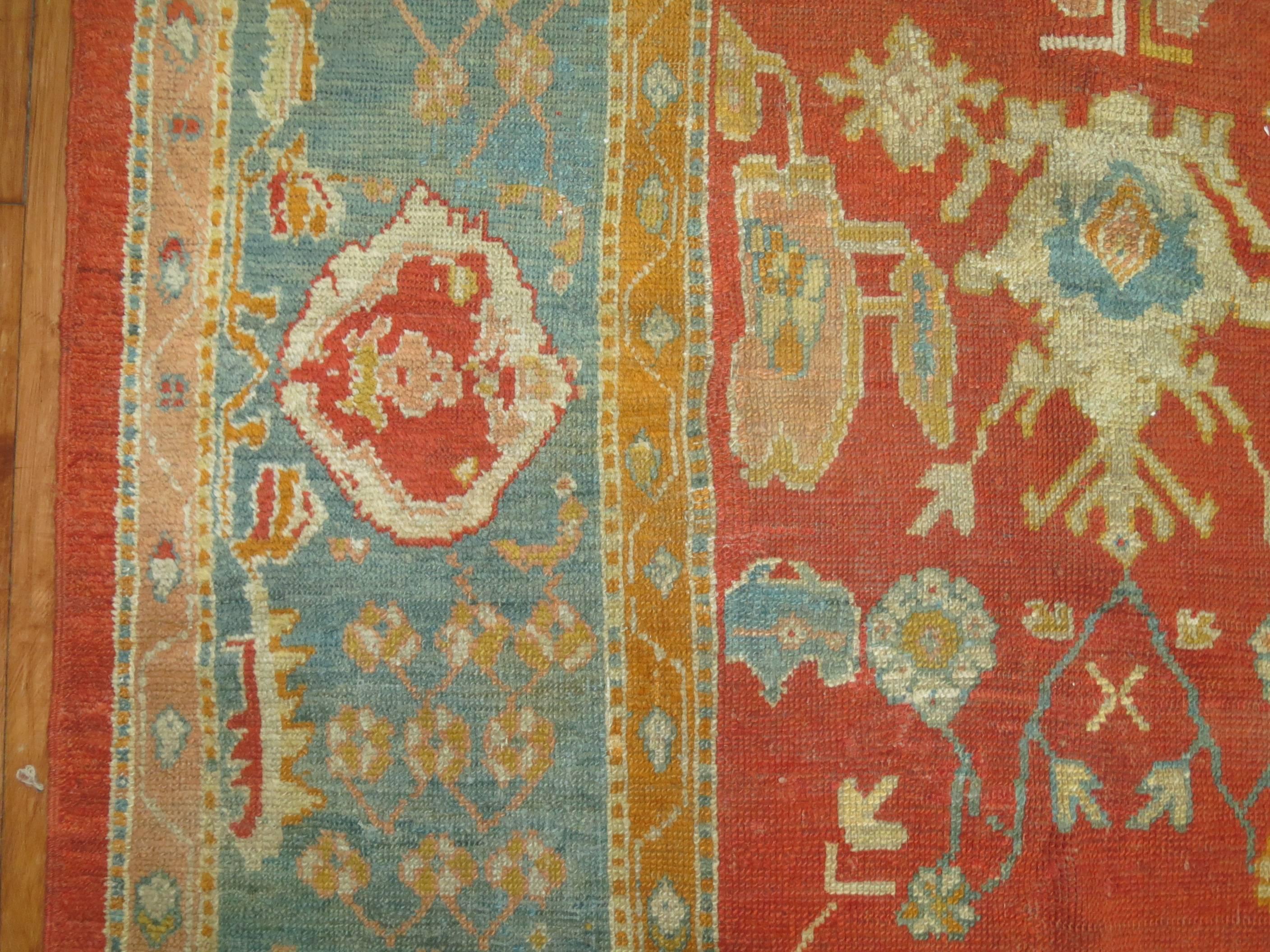 Room Size Orange Field Teal Border Late 19th Century Antique Turkish Oushak Rug For Sale 5