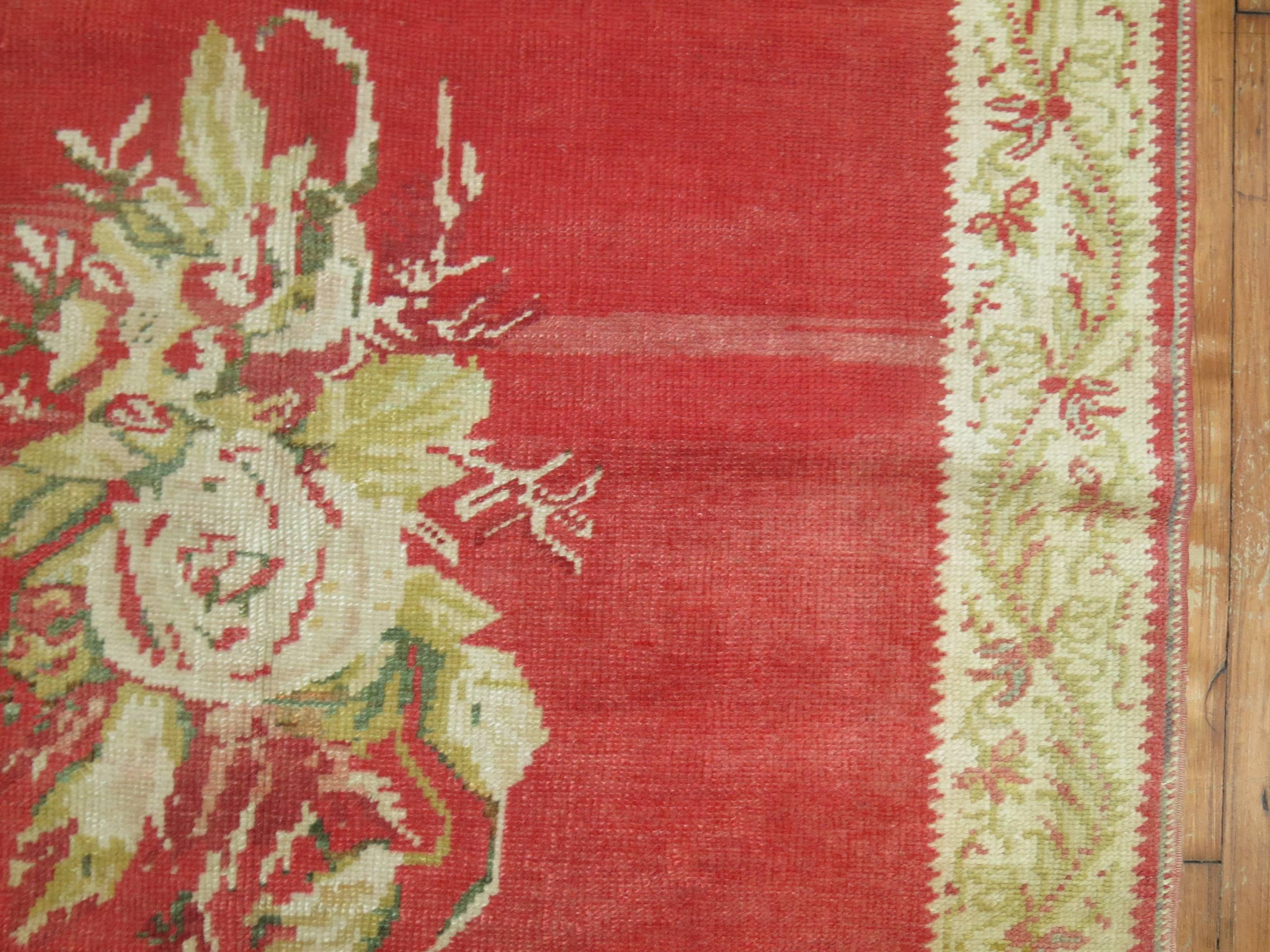Hand-Woven Red Antique Turkish Ghiordes Rose Flower Rug For Sale
