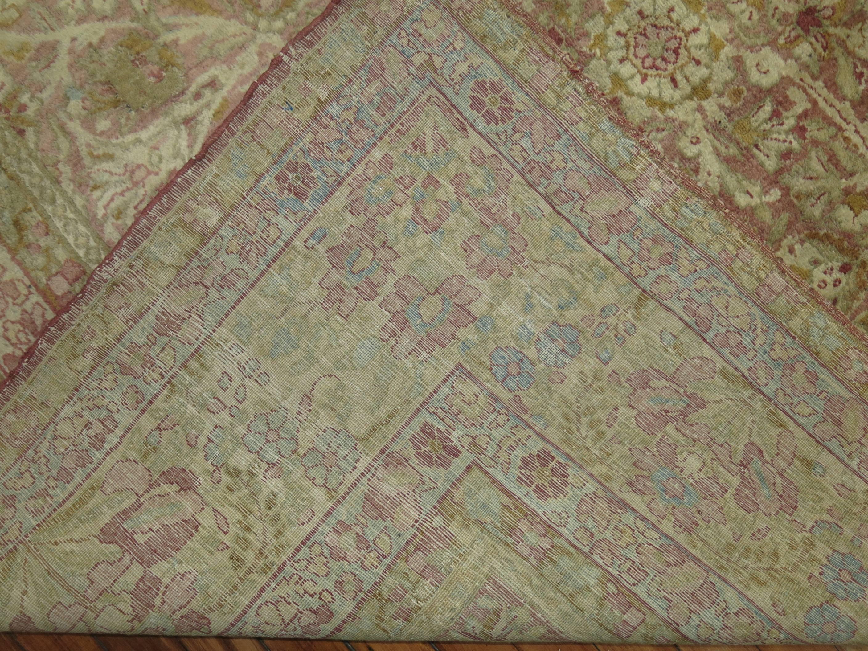 Feminine Persian Antique Kerman Brown Pink Rose Accent Room Size Rug In Good Condition For Sale In New York, NY