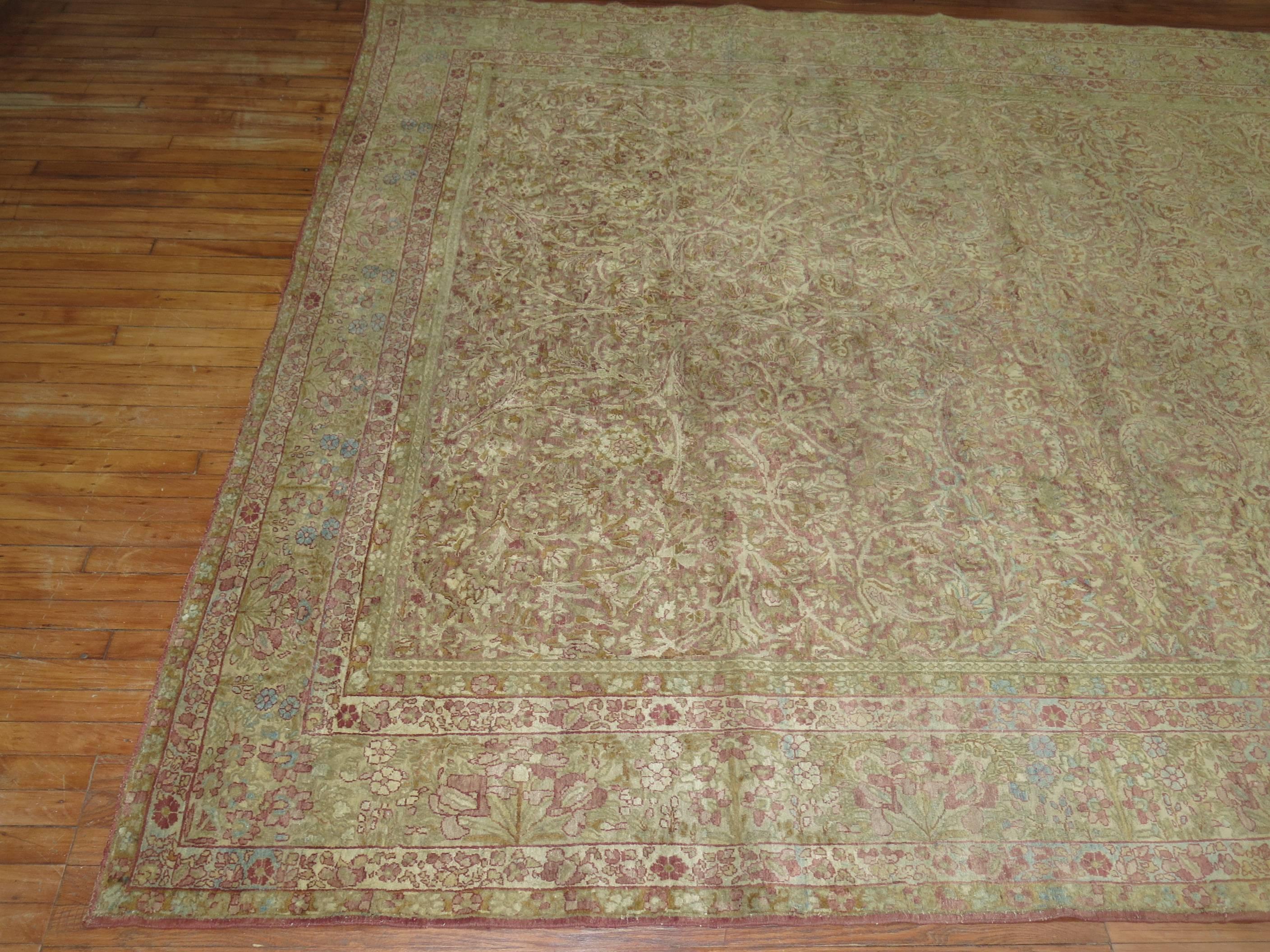 20th Century Feminine Persian Antique Kerman Brown Pink Rose Accent Room Size Rug For Sale