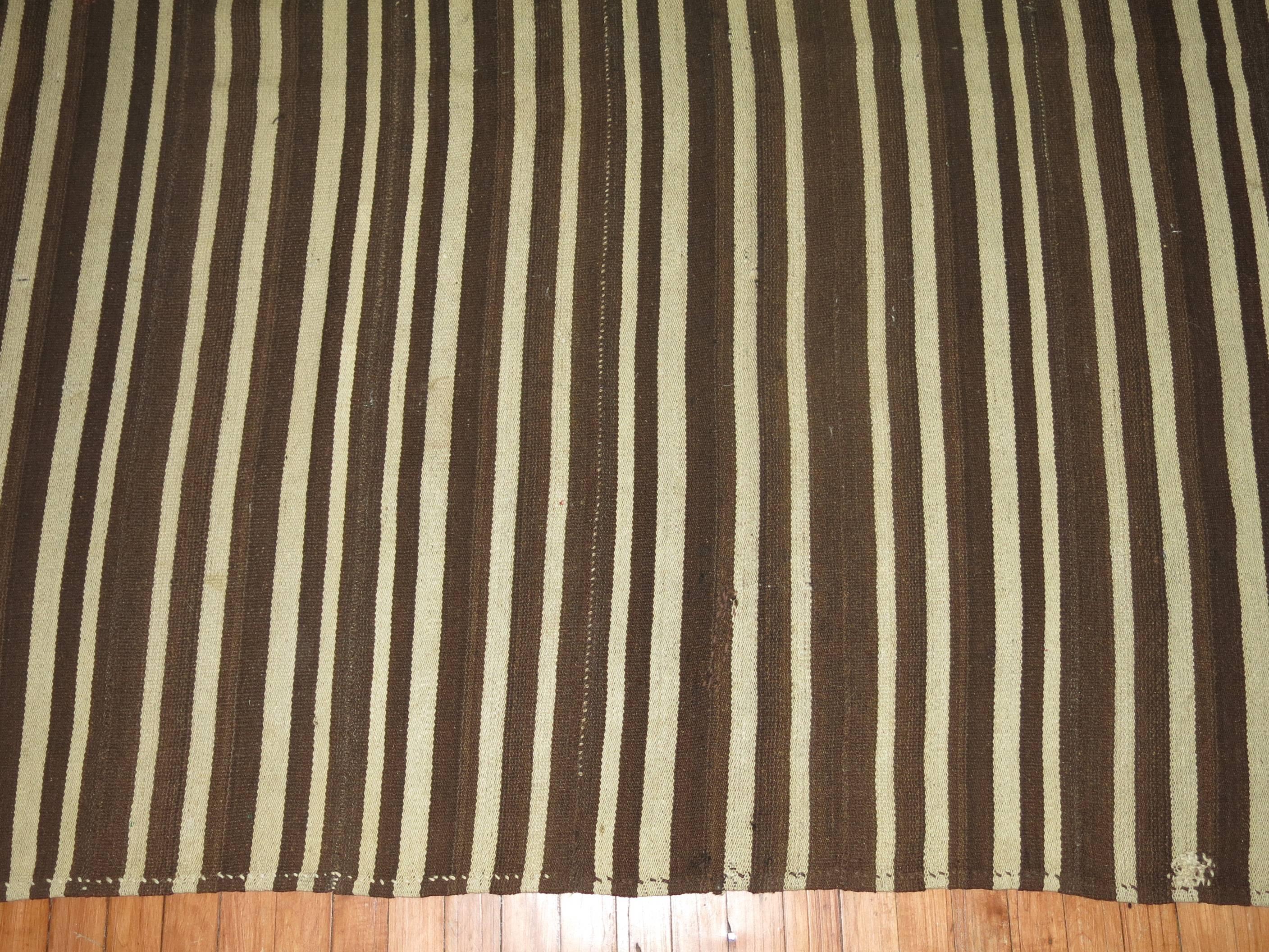 Brown White Stripe Mid-Century Modern Vintage Turkish Striped Square Size Kilim 1
