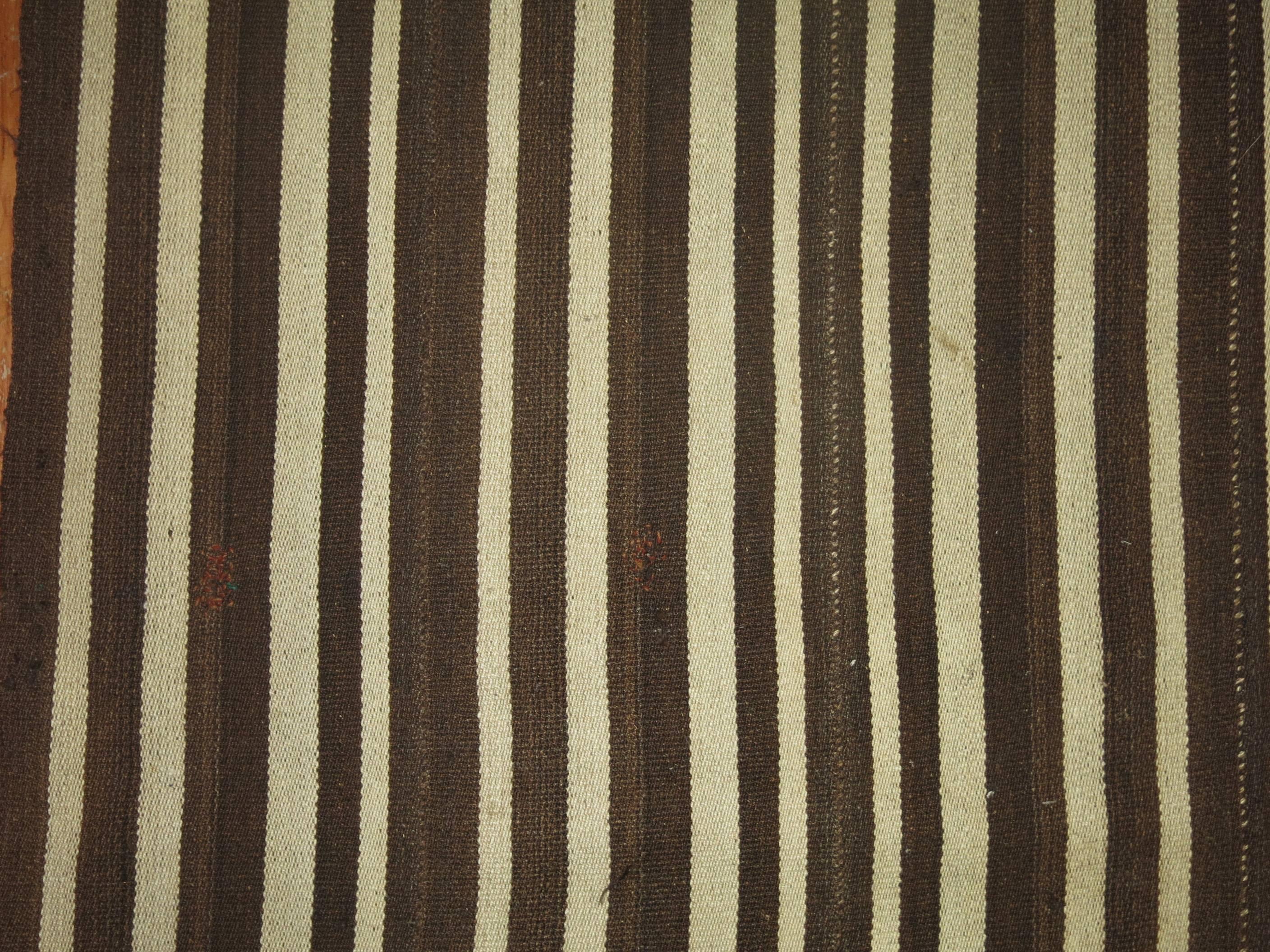 Hand-Knotted Brown White Stripe Mid-Century Modern Vintage Turkish Striped Square Size Kilim