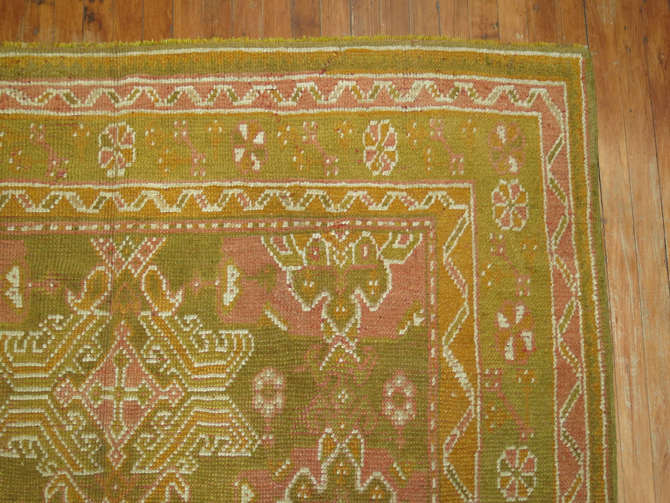 Army Green Pink Mustard Color Gallery Size Turkish Oushak Early 20th Century Rug For Sale 2