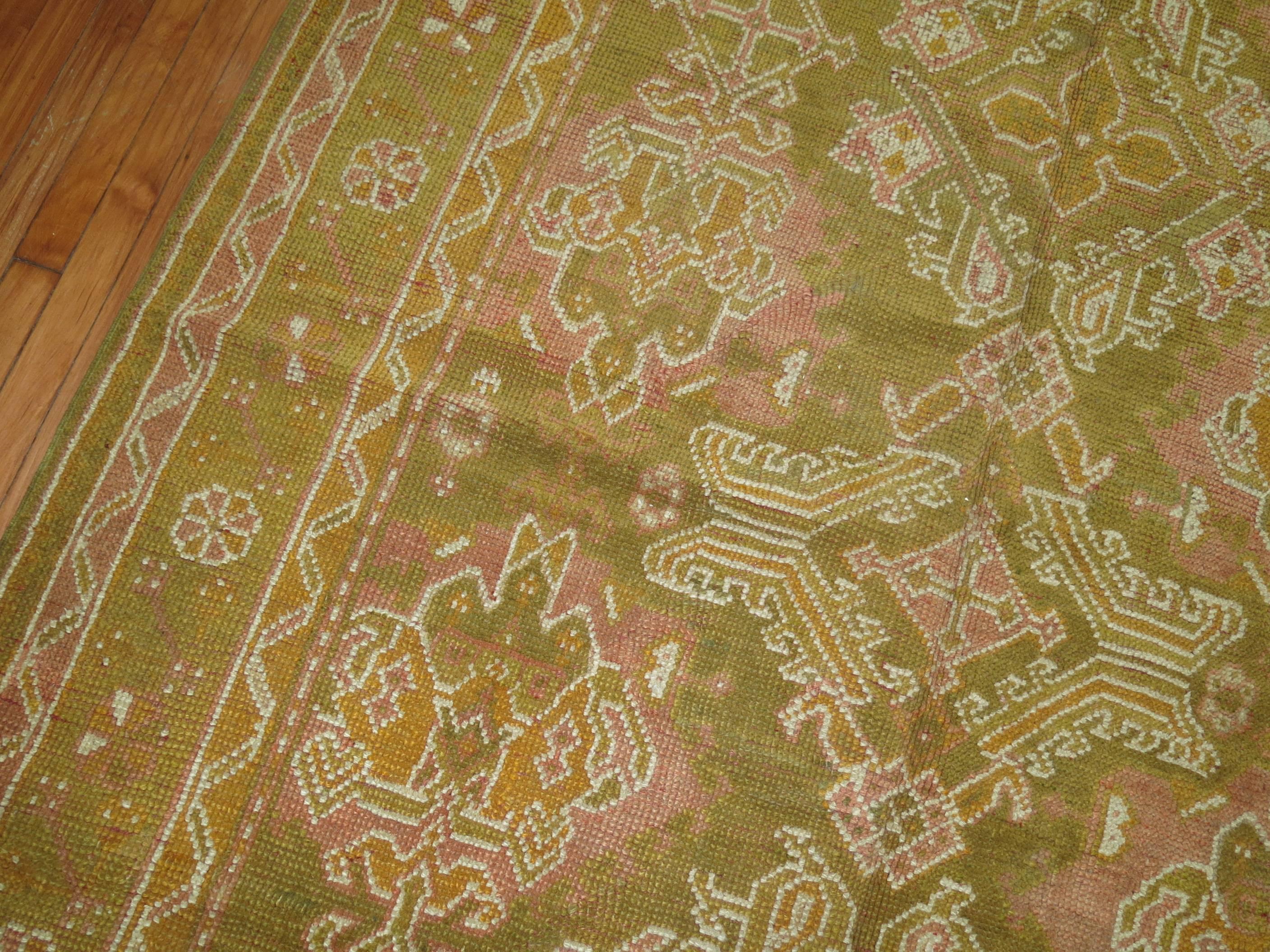 Wool Army Green Pink Mustard Color Gallery Size Turkish Oushak Early 20th Century Rug For Sale