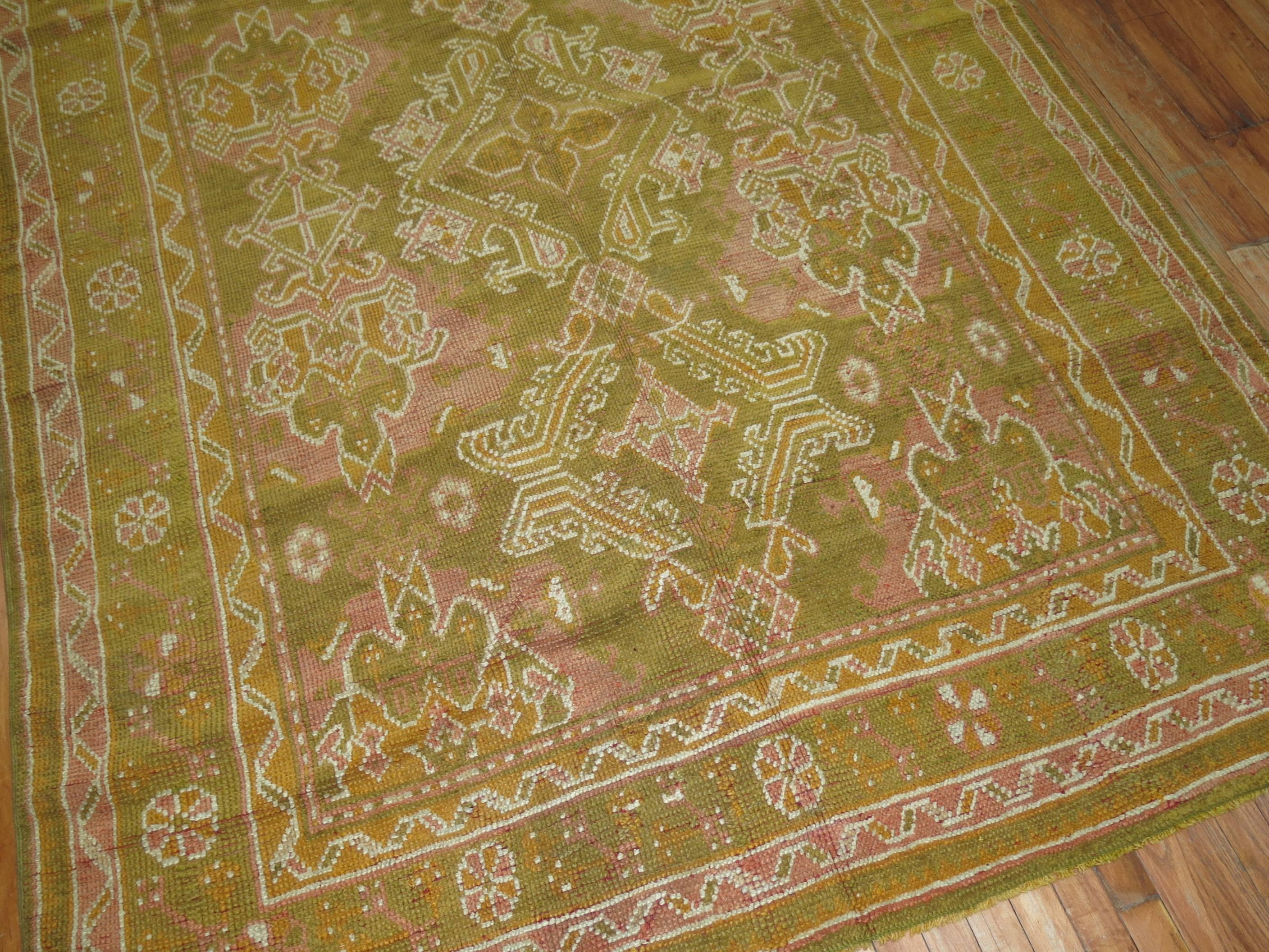 Hand-Woven Army Green Pink Mustard Color Gallery Size Turkish Oushak Early 20th Century Rug For Sale
