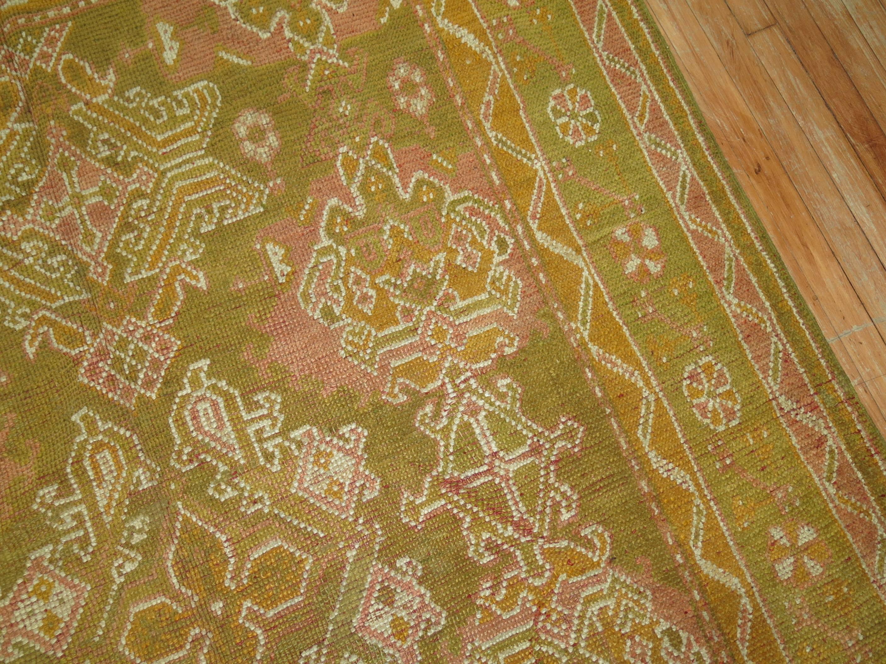 Wool Zabihi Collection Green Gallery Size Turkish Oushak  Rug For Sale