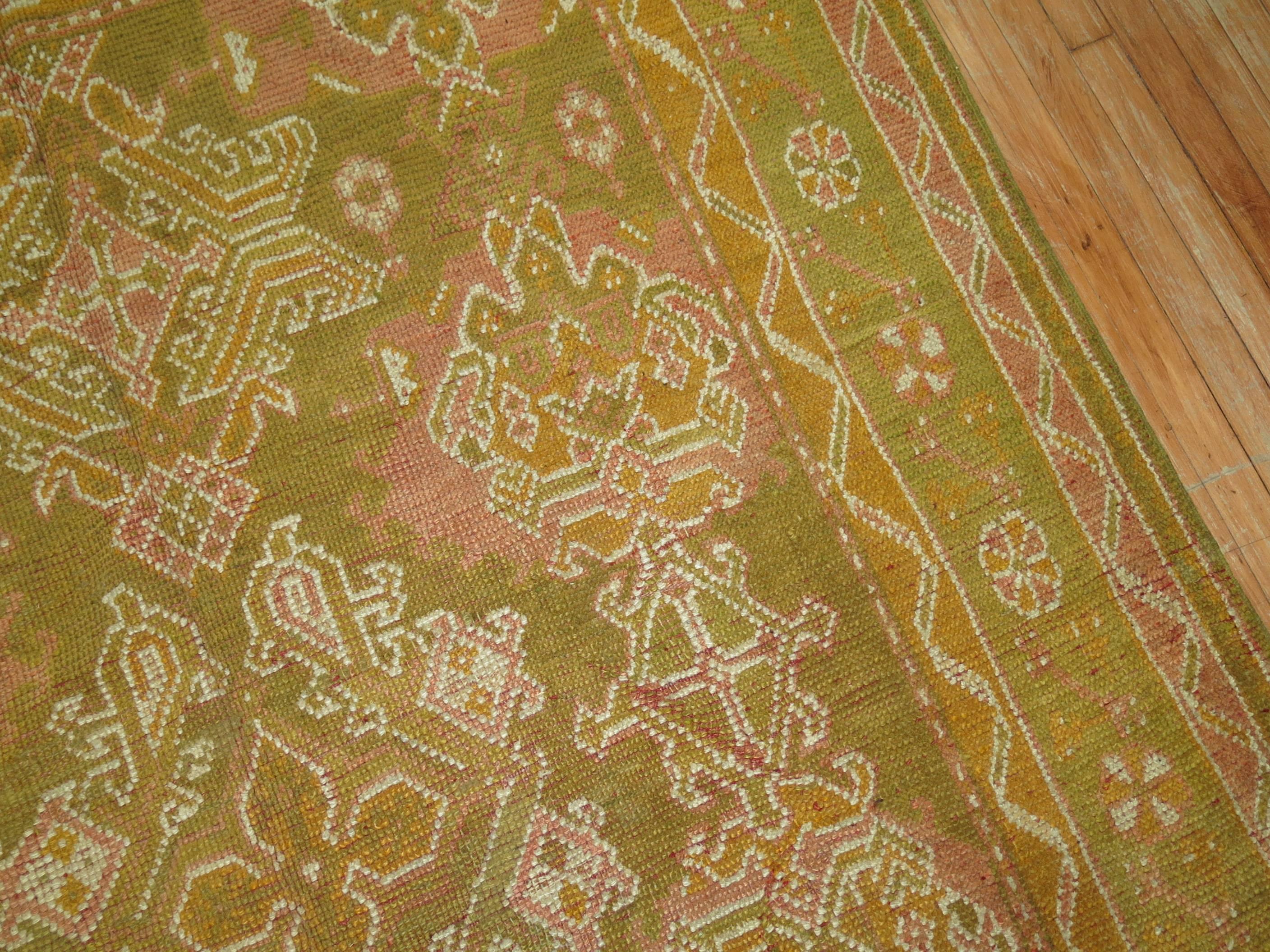 Army Green Pink Mustard Color Gallery Size Turkish Oushak Early 20th Century Rug For Sale 1