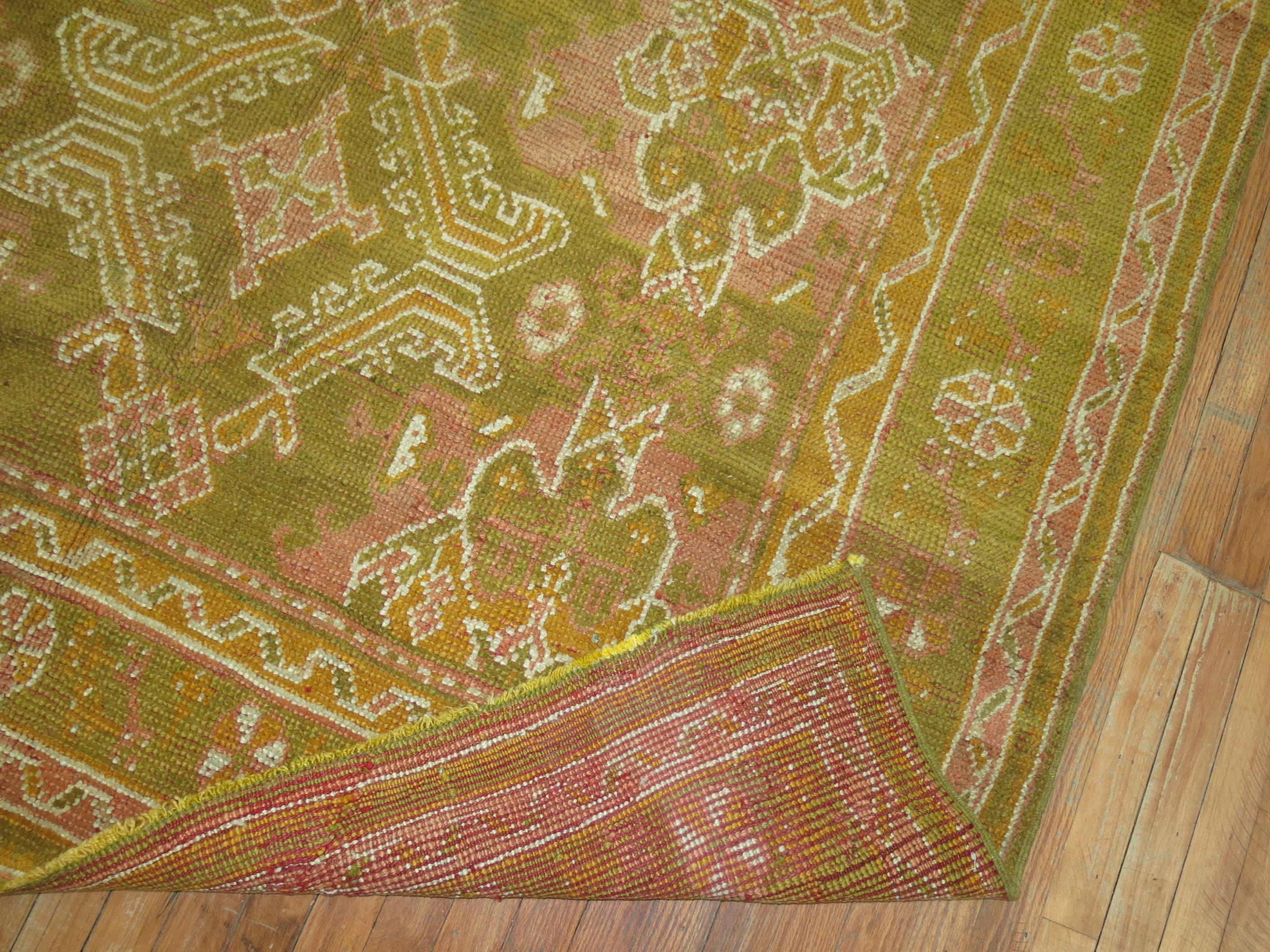 Army Green Pink Mustard Color Gallery Size Turkish Oushak Early 20th Century Rug For Sale 3