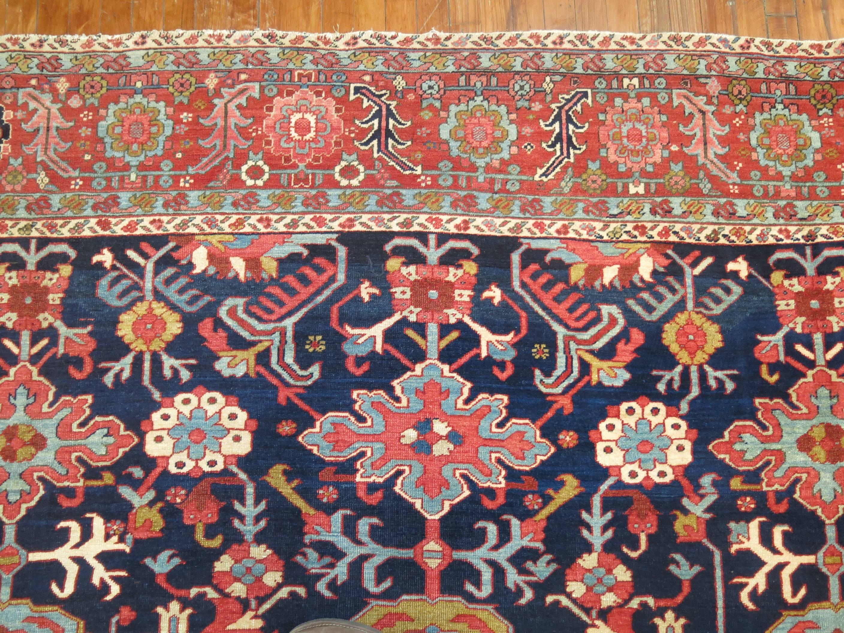 An antique Persian Serapi. Rare all-over navy blue field with terracotta/coral border.