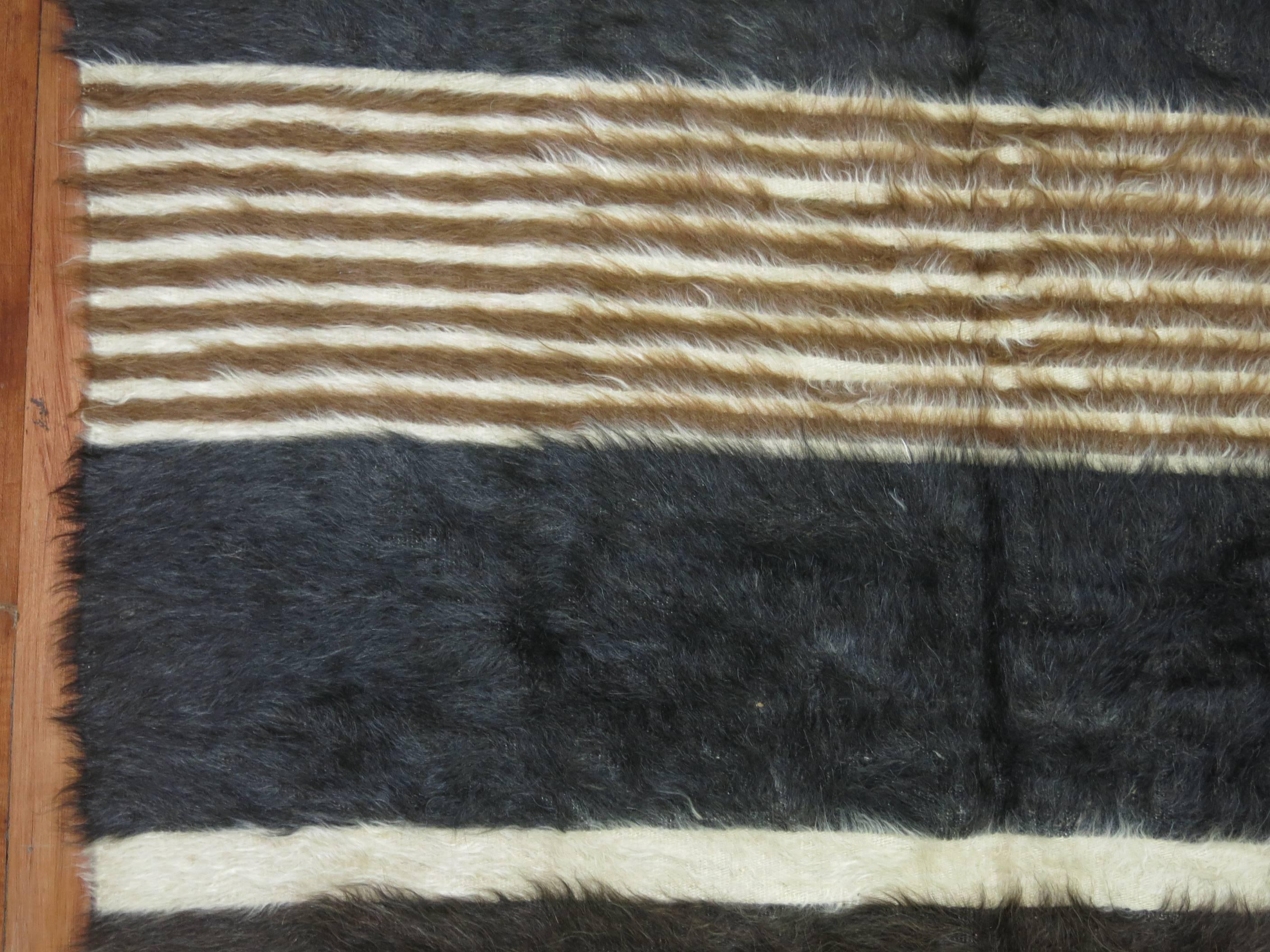 Turkish Black Gray Brown Ivory Plush Organic Vintage Mohair Wool Rug For Sale