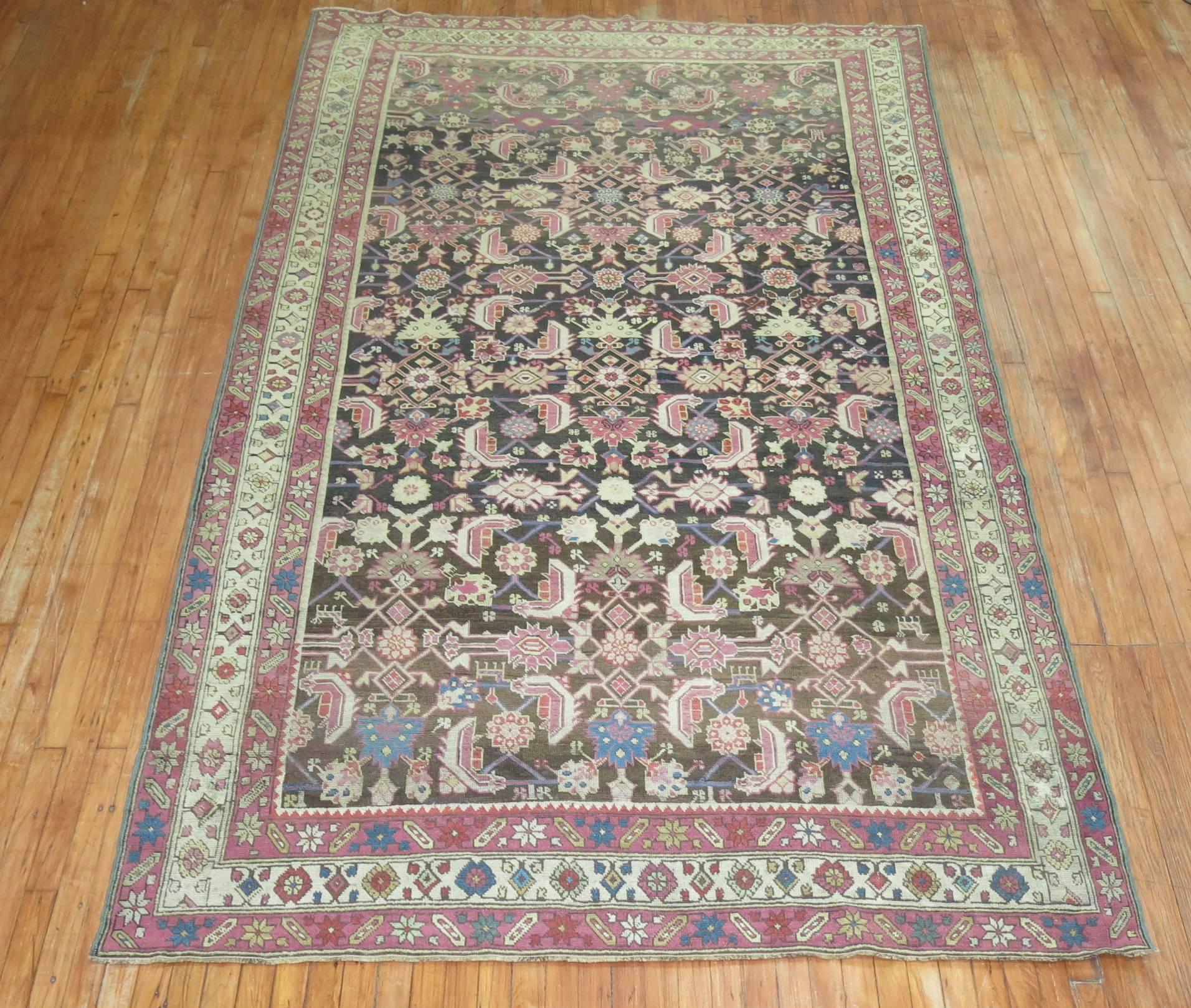 An attractive antique Karabagh rug. Herati pattern, chocolate brown colorfield with hints of lavender, chartreuse, pink and soft blues.

Measures: 6'2'' x 10'10'' circa 1920.

 