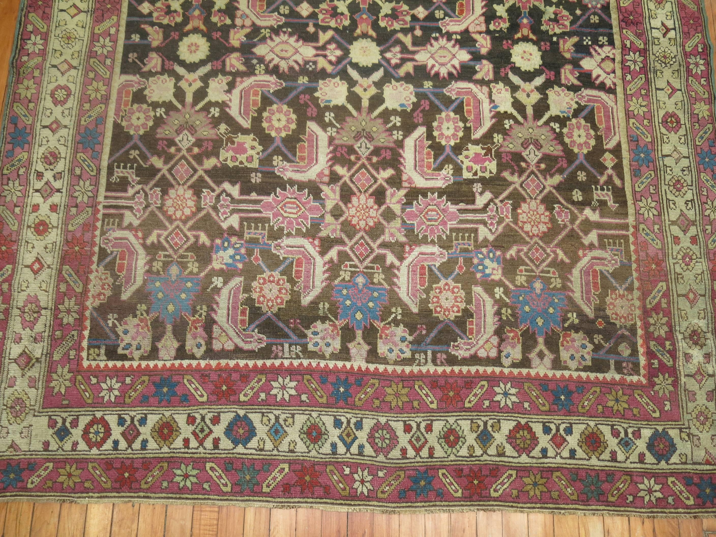 Hand-Knotted Brown Field Lavender Accent 20th Century Karabagh Rug For Sale
