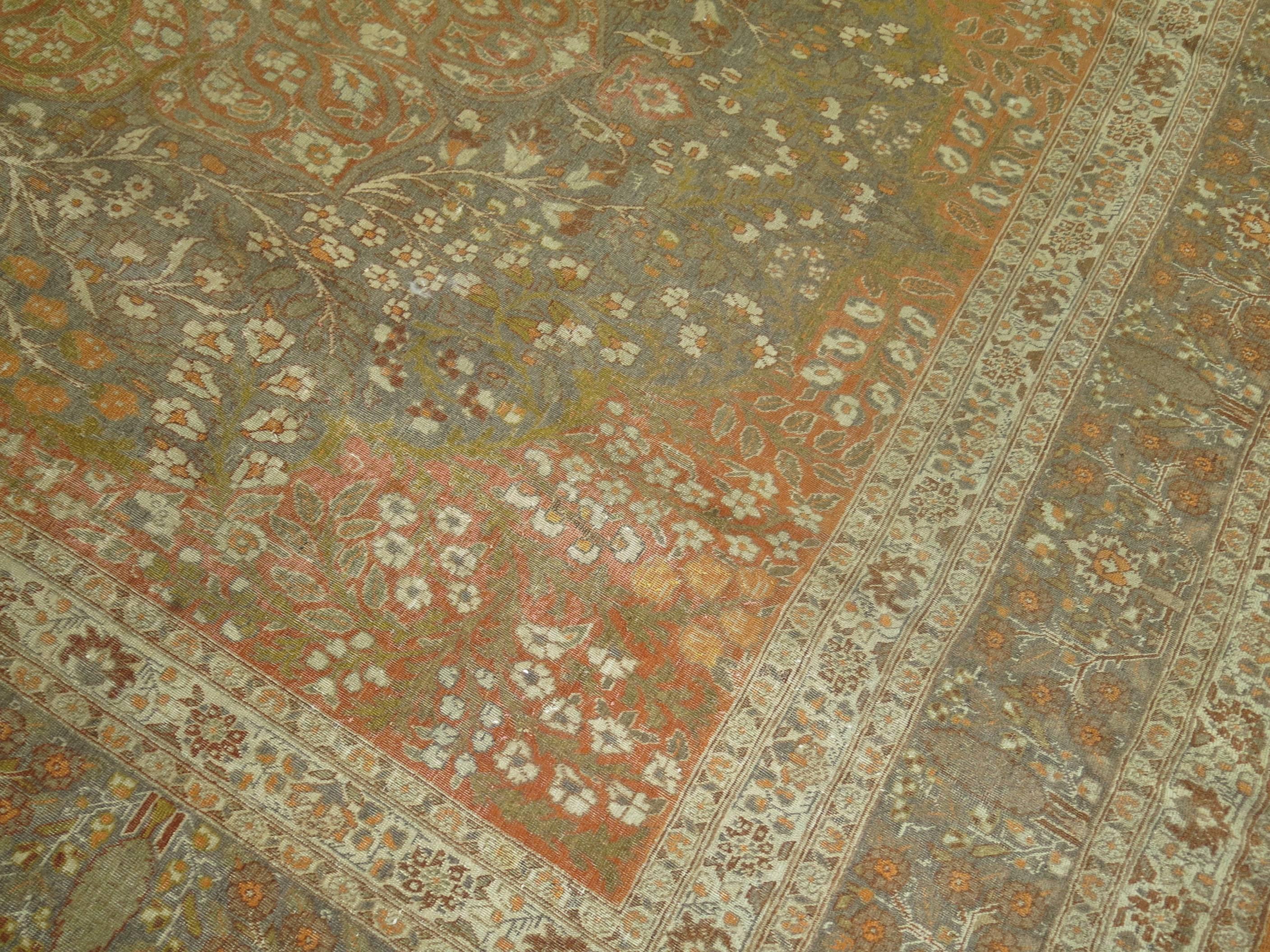 Fine Orange Antique Persian Tabriz Rug In Good Condition For Sale In New York, NY
