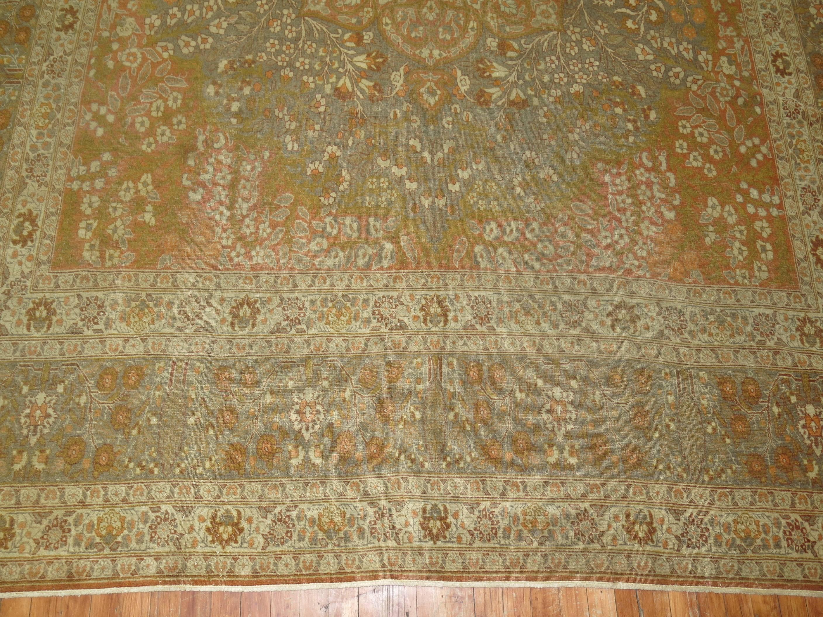 Wool Fine Orange Antique Persian Tabriz Rug For Sale