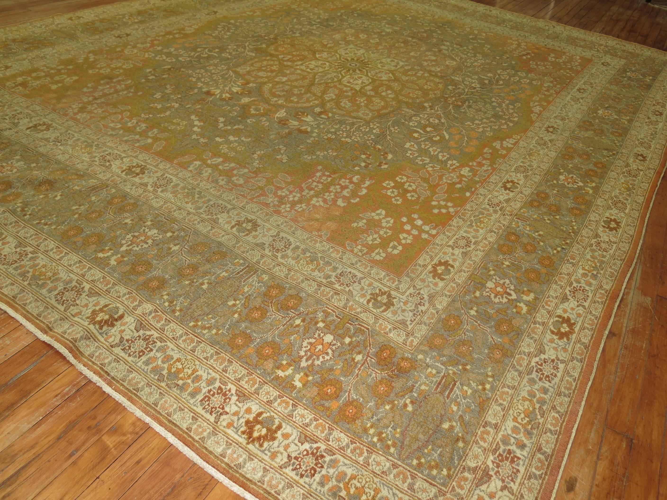 Fine Orange Antique Persian Tabriz Rug For Sale 2