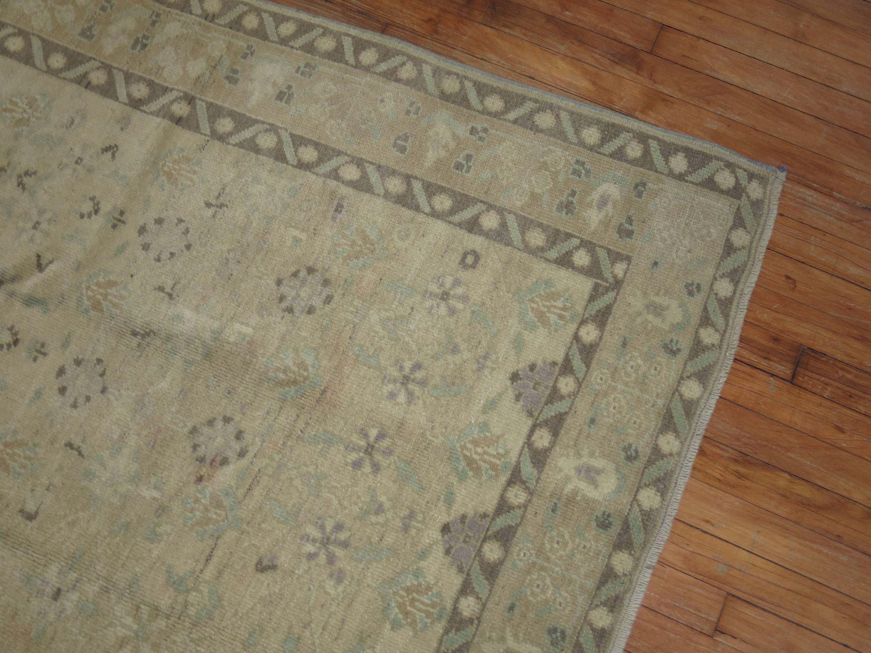 Mid-Century Modern Tapue Beige Green Lavender Mid-20th Century Handwoven Turkish Oushak Rug