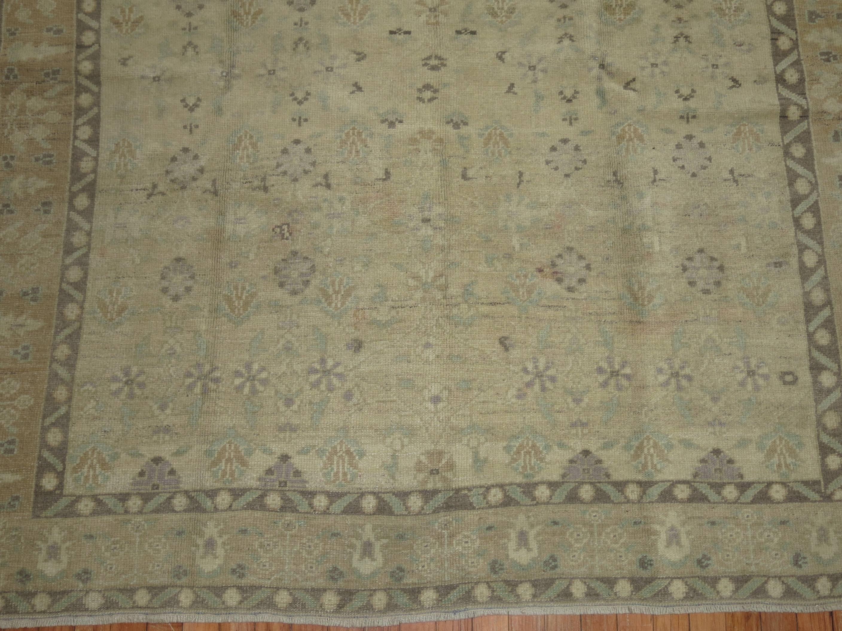 Hand-Knotted Tapue Beige Green Lavender Mid-20th Century Handwoven Turkish Oushak Rug
