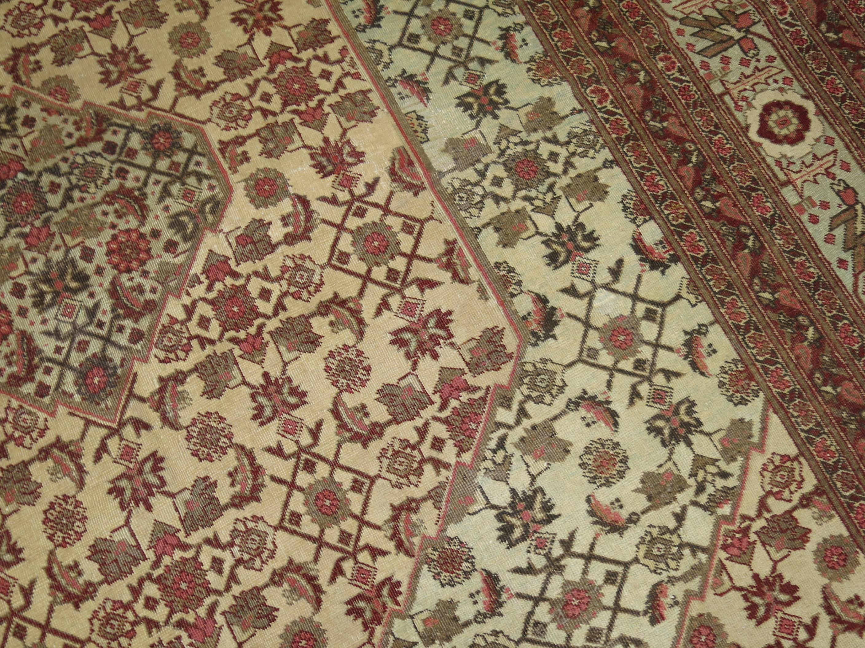 Wool Pistachio Field Persian Tabriz Mahi Fish Carpet For Sale