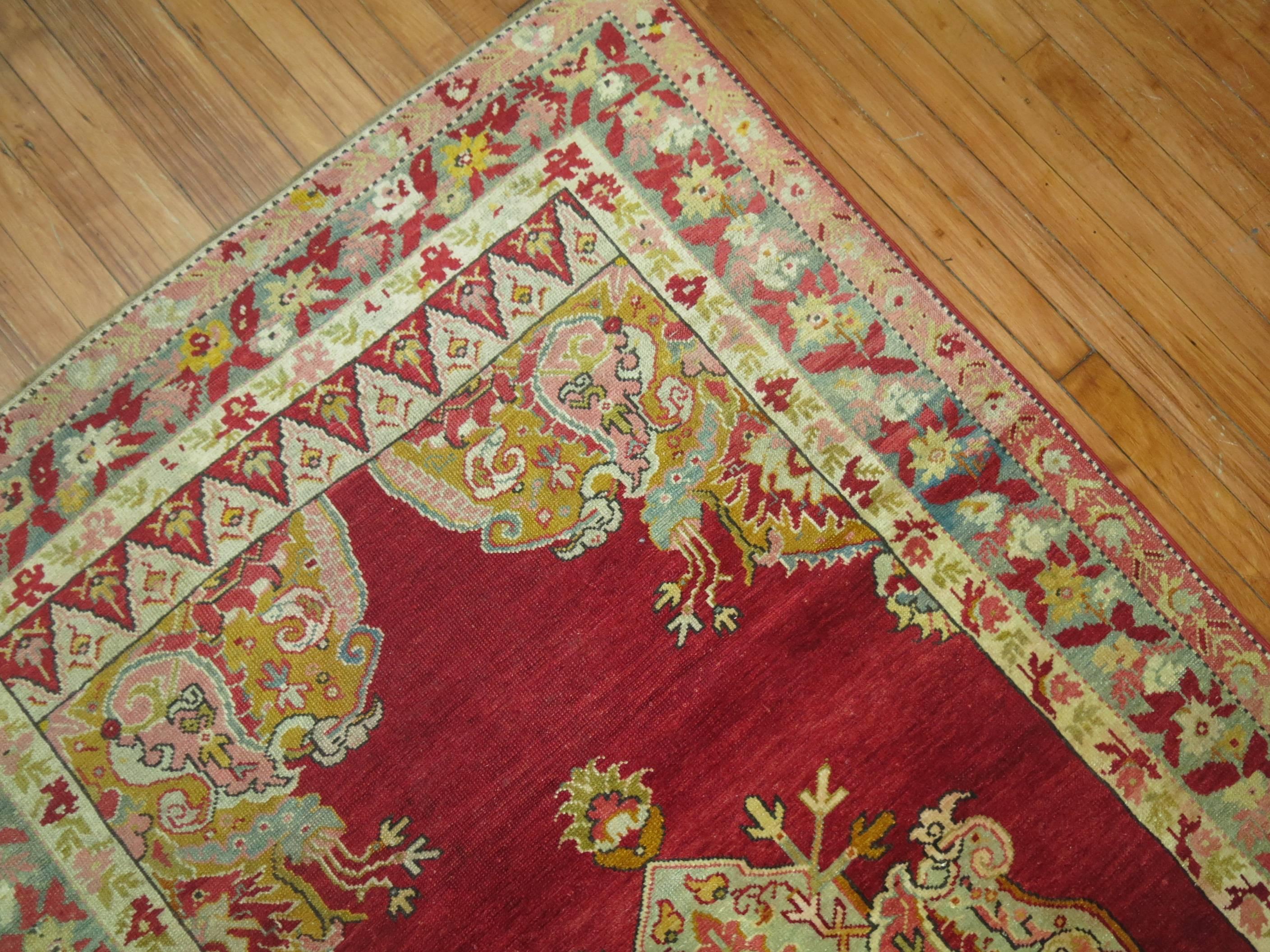 Hand-Woven Cherry Red Antique Turkish Melas Rug, Early 20th Century
