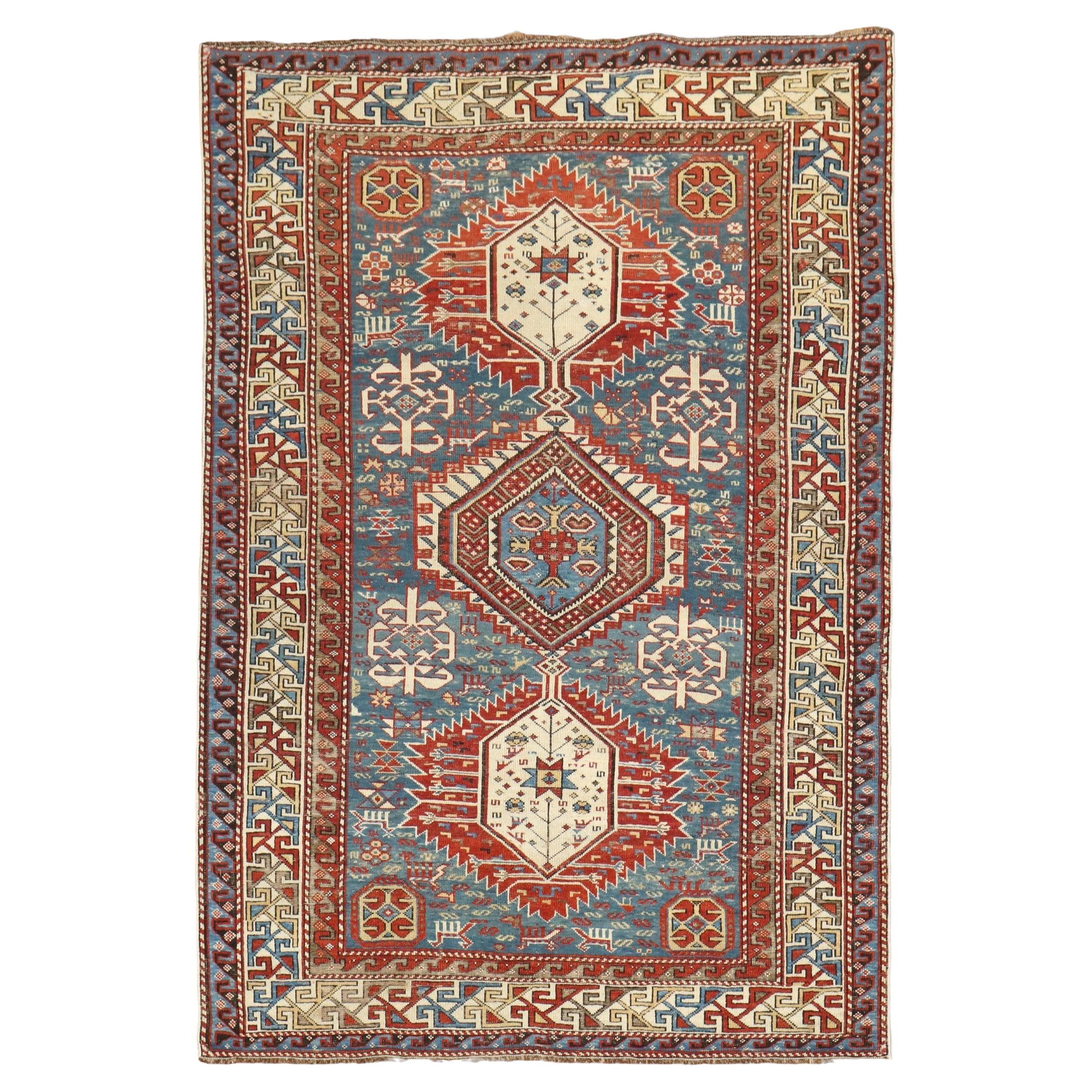 Zabihi Collection Tribal Blue 19th Century Antique Caucasian Shirvan Rug