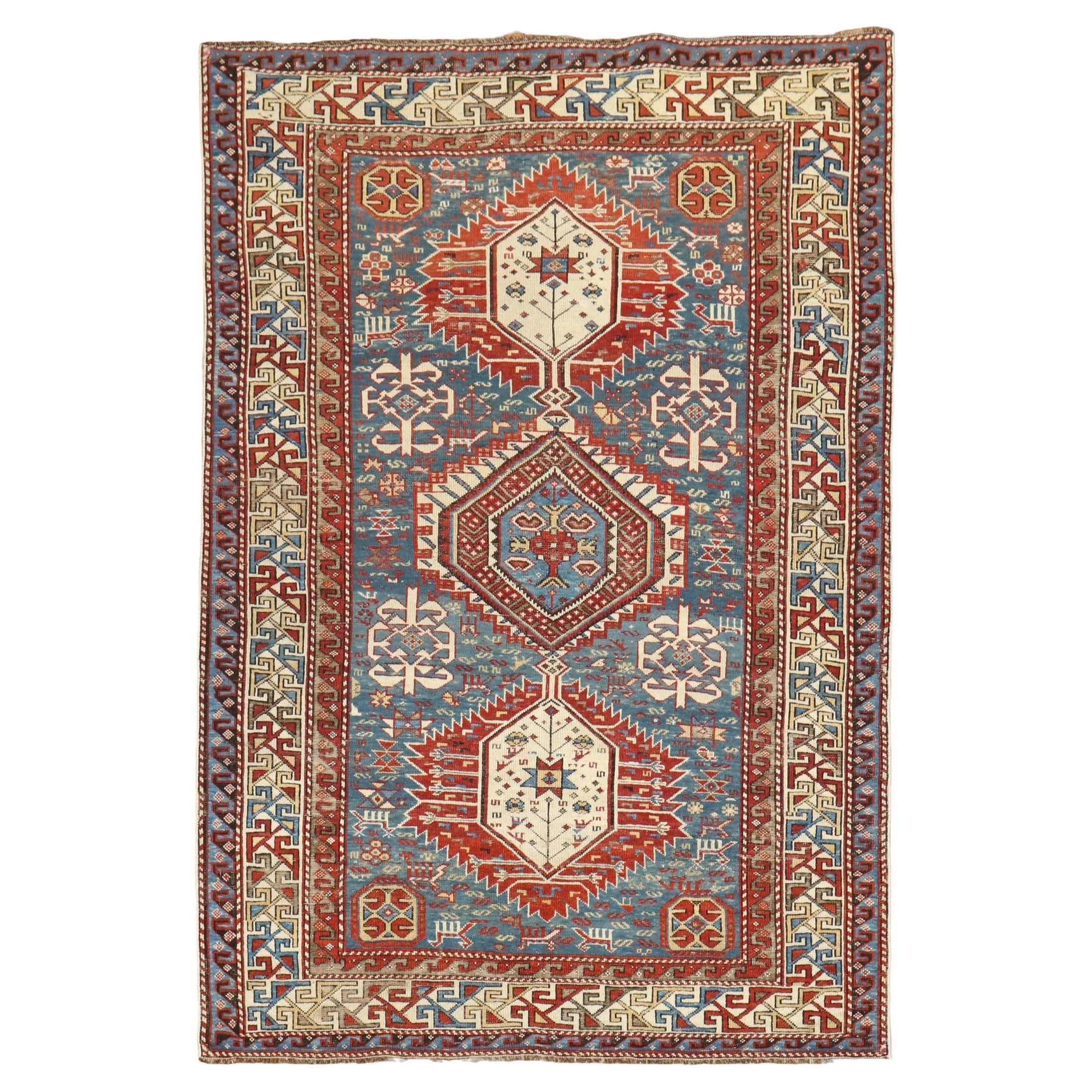 Zabihi Collection Tribal Blue 19th Century Antique Caucasian Shirvan Rug