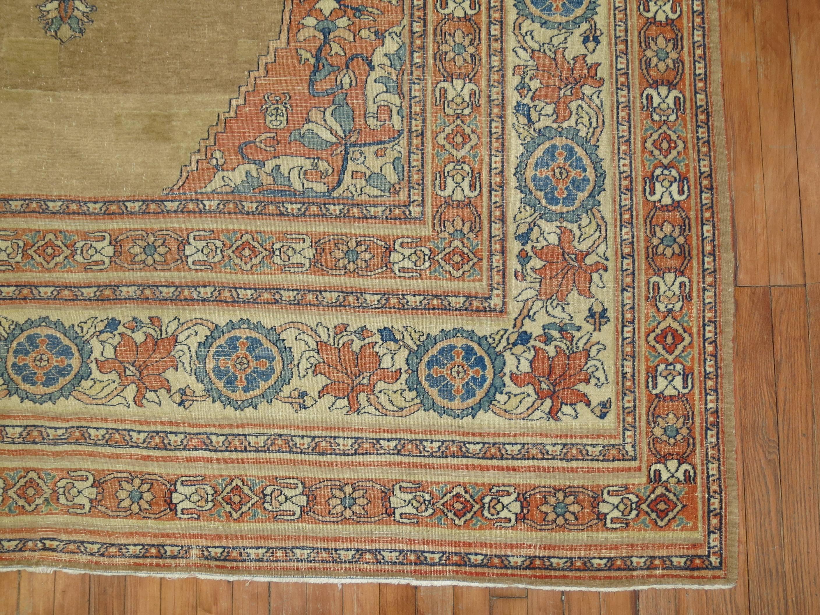 Hand-Knotted 20th Century Camel Orange Blue Color Persian Open Medallion Room Size Rug For Sale