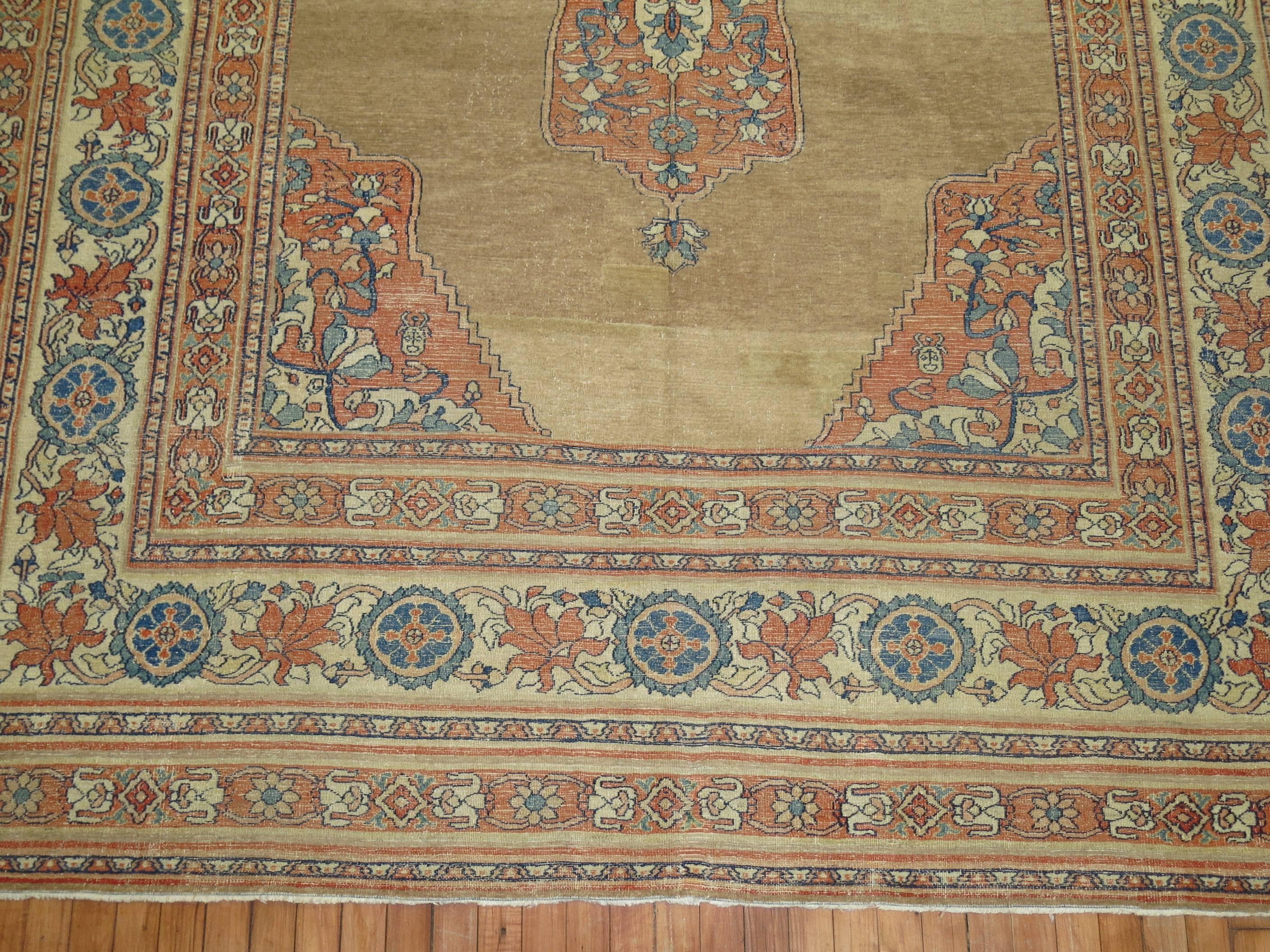 Wool 20th Century Camel Orange Blue Color Persian Open Medallion Room Size Rug For Sale