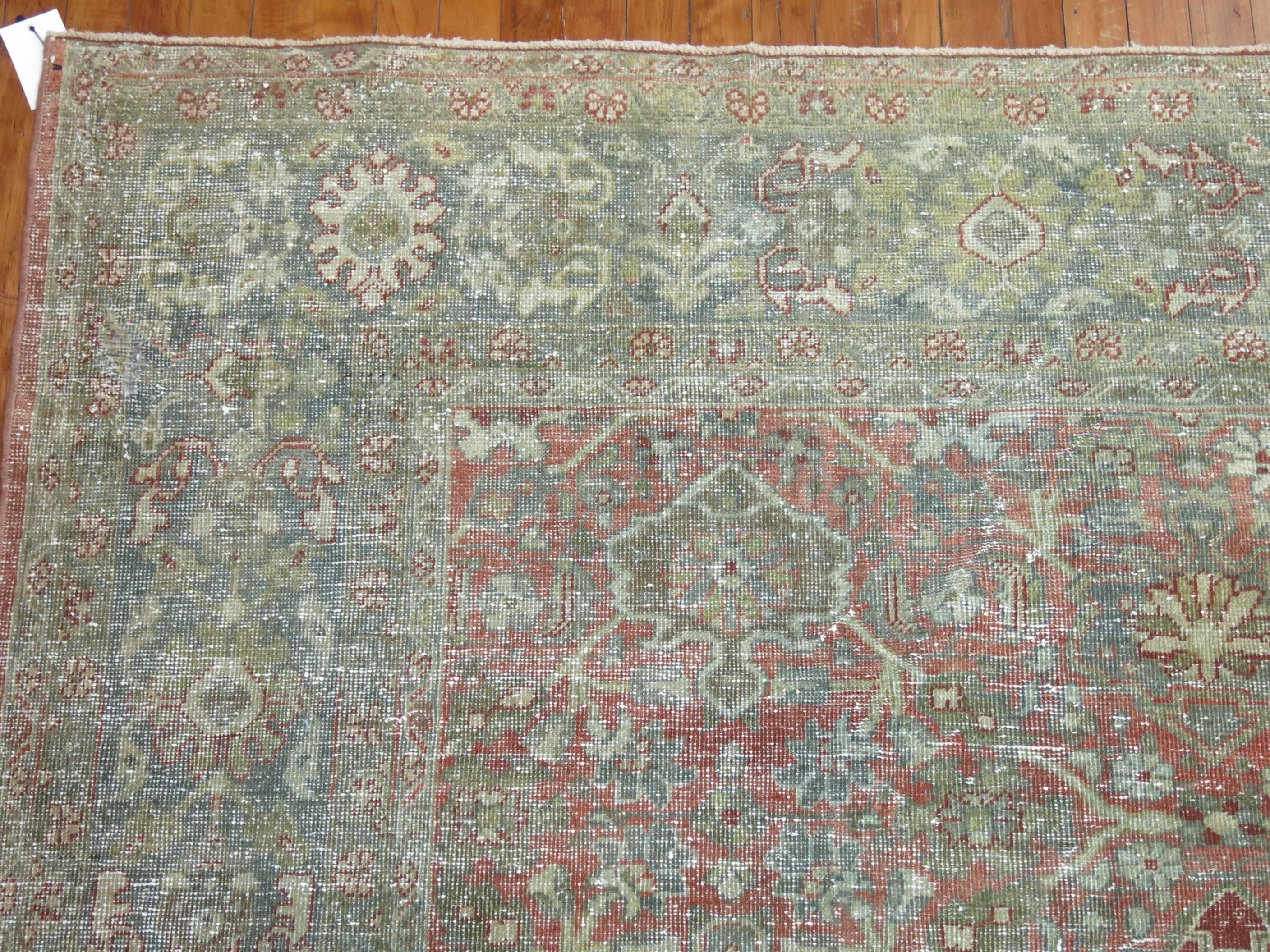 Hand-Knotted Shabby Chic Persian Traditional Mahal Rug In Terracotta and Sea Foam Tones