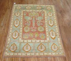 Zabihi Collection Orange Green Early 20th Century Antique Turkish Oushak Rug