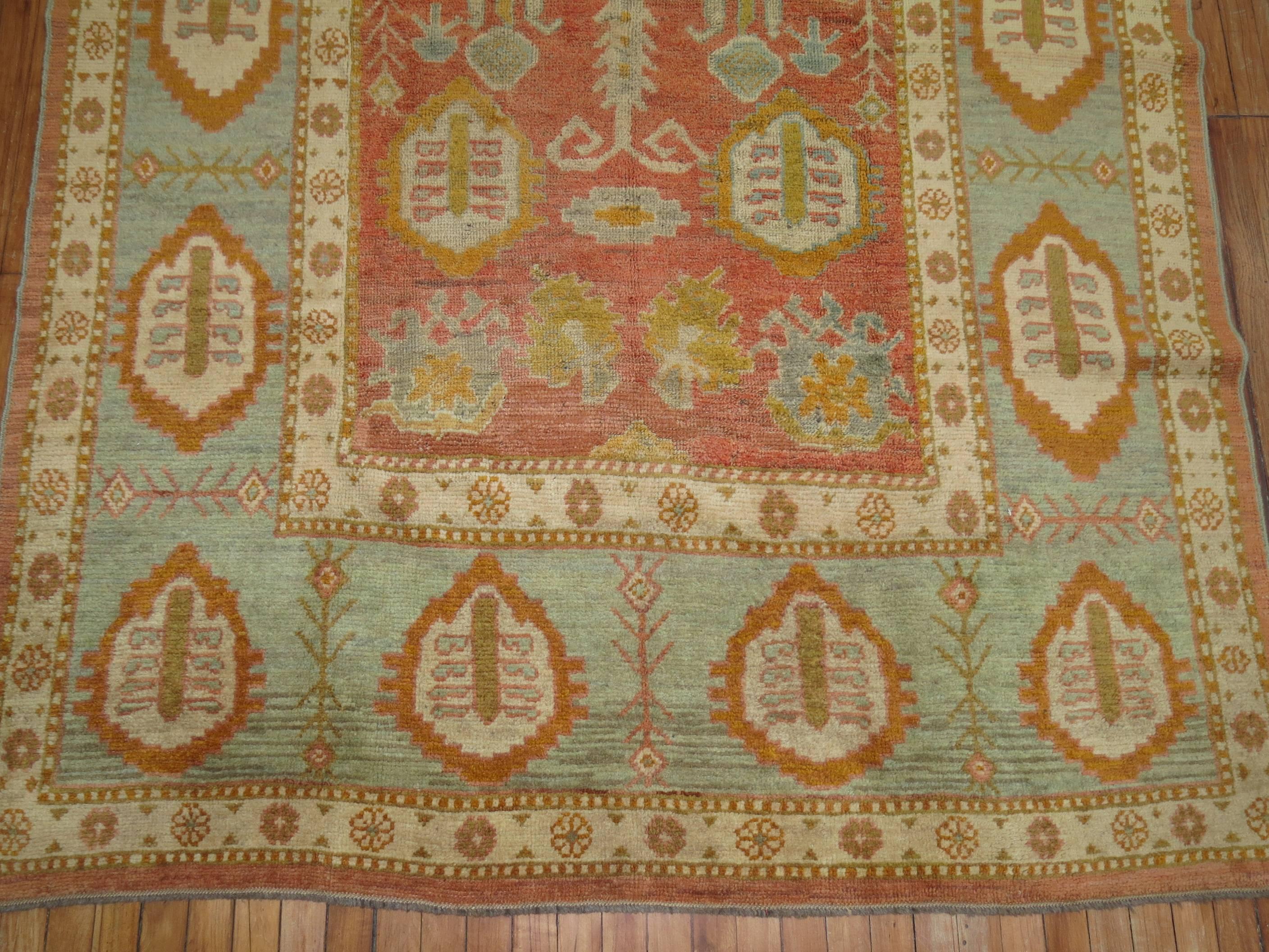 Industrial Orange Green Handmade Early 20th Century Antique Turkish Oushak Rug For Sale