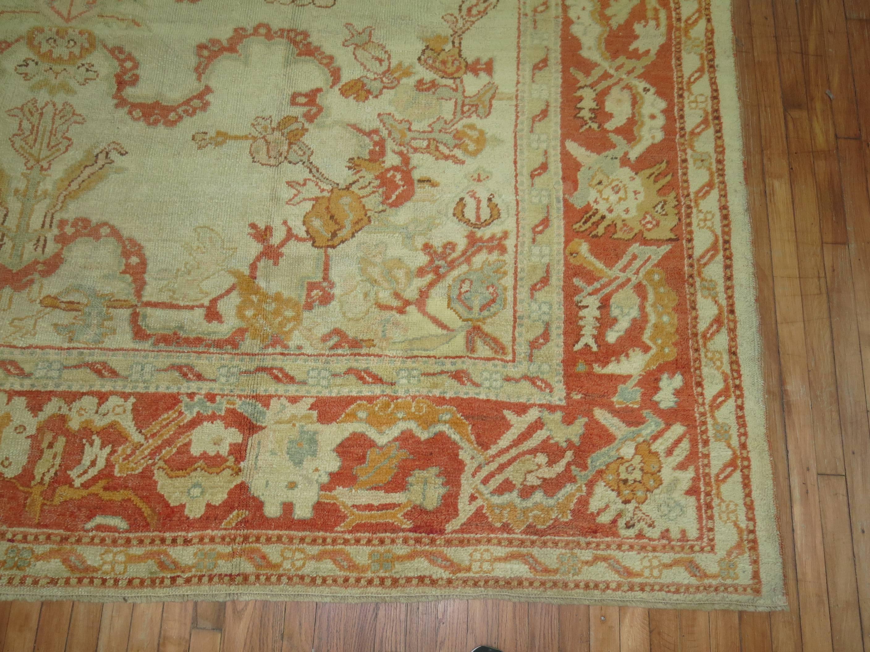 Ivory Orange Antique Turkish Oushak Room Size Carpet In Good Condition For Sale In New York, NY