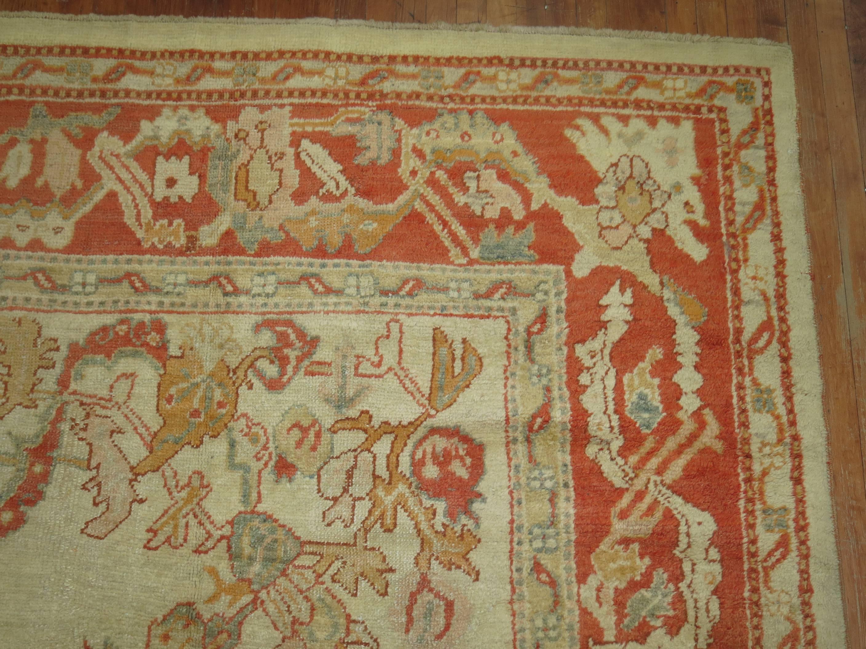 Ivory Orange Antique Turkish Oushak Room Size Carpet For Sale 2