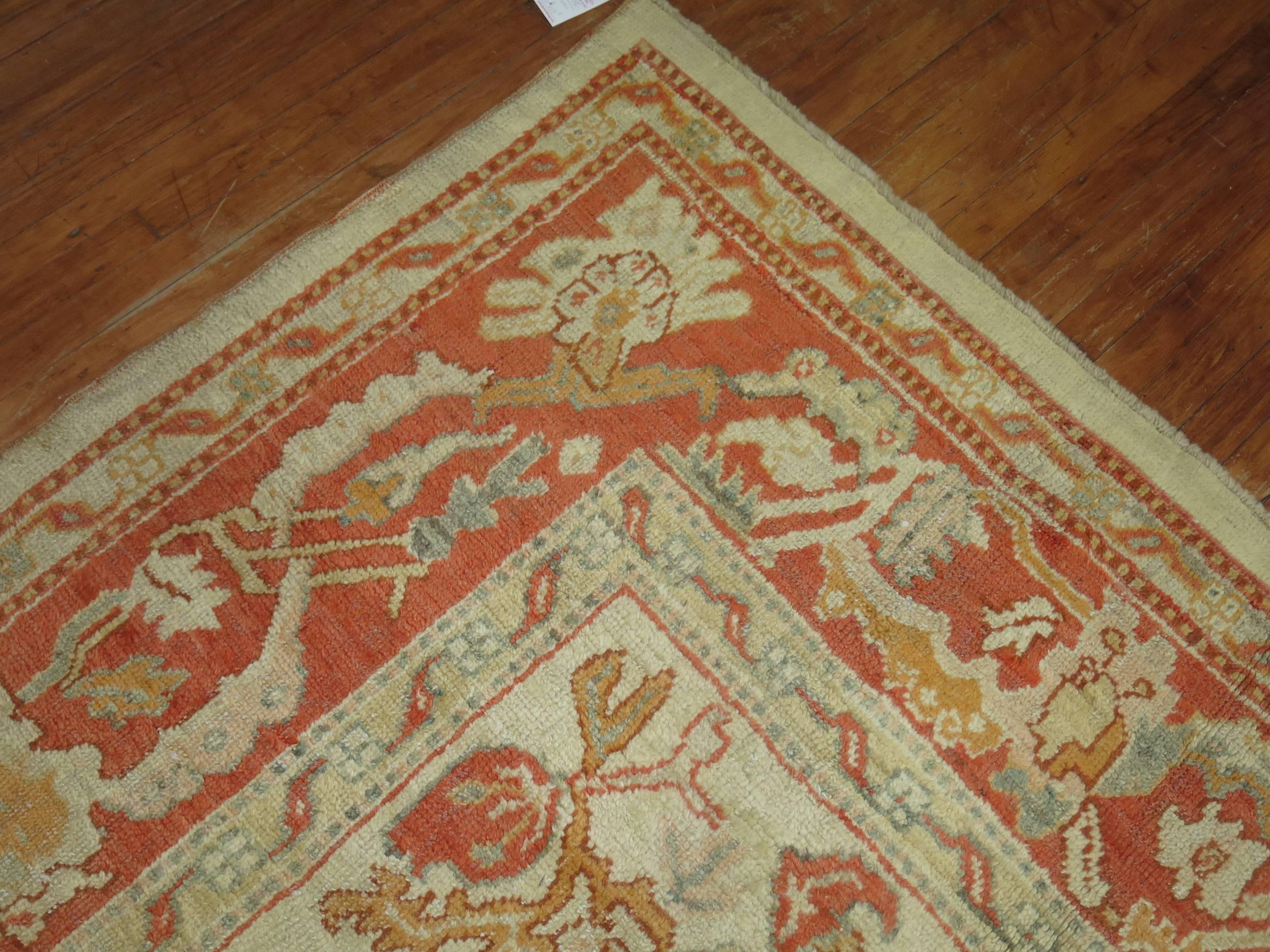 Adirondack Ivory Orange Antique Turkish Oushak Room Size Carpet For Sale