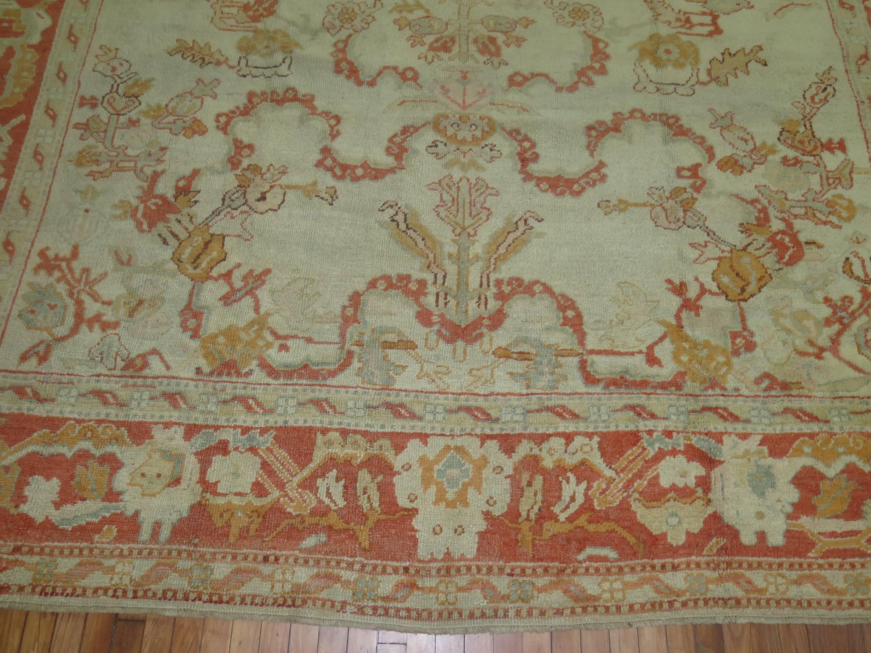 Wool Ivory Orange Antique Turkish Oushak Room Size Carpet For Sale
