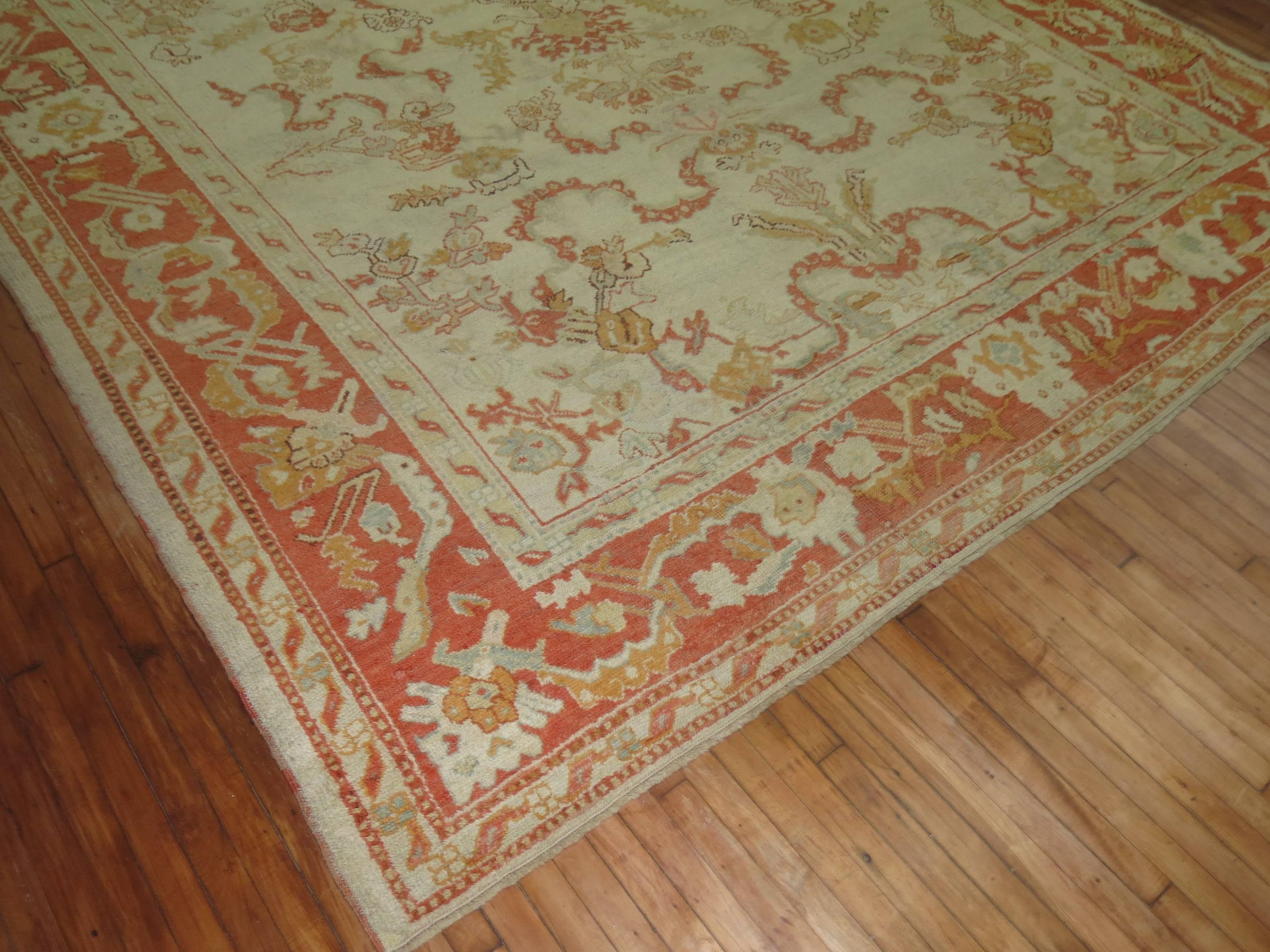 20th Century Ivory Orange Antique Turkish Oushak Room Size Carpet For Sale