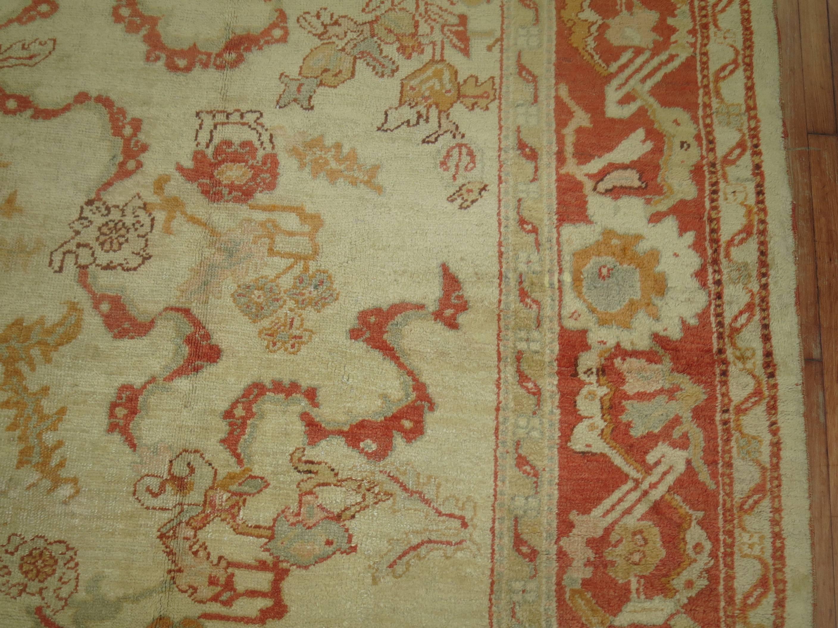 Ivory Orange Antique Turkish Oushak Room Size Carpet For Sale 4