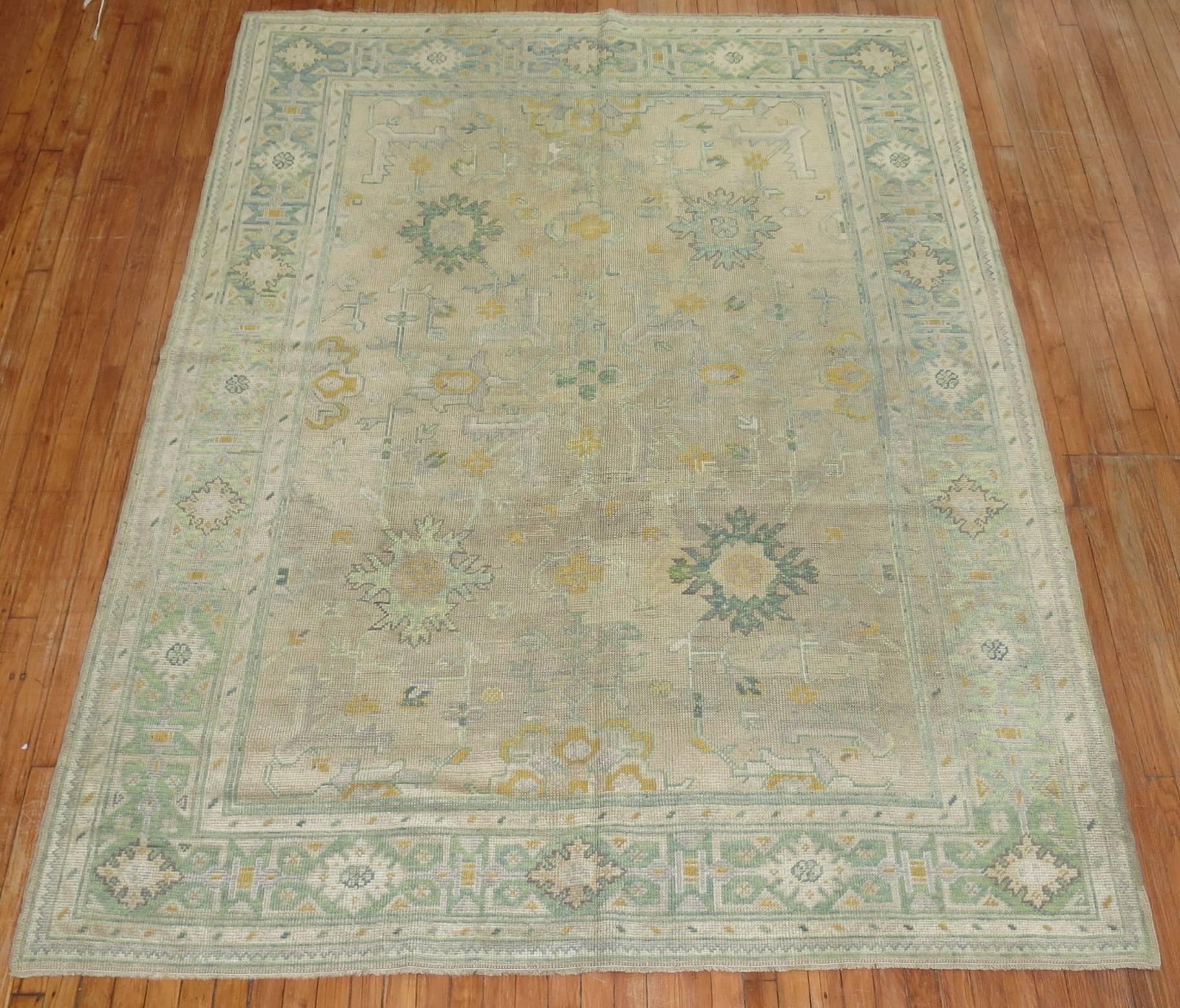 A handmade Turkish Oushak featuring a soft mint green color we rarely find. Would work well with terracotta floors.