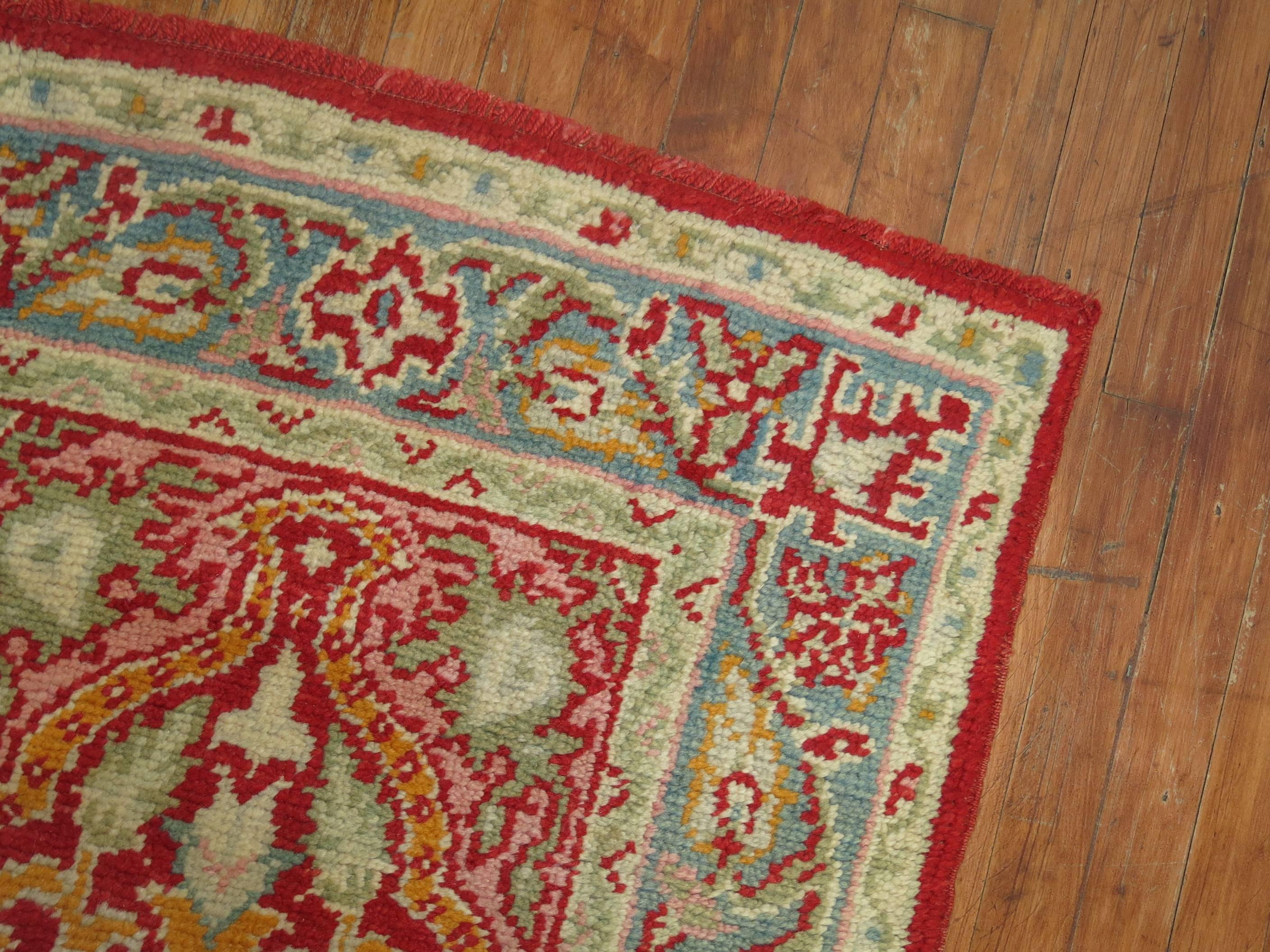 Romantic Pink Field Red Green Accent Formal Full Pile Antique Turkish Oushak Runner For Sale