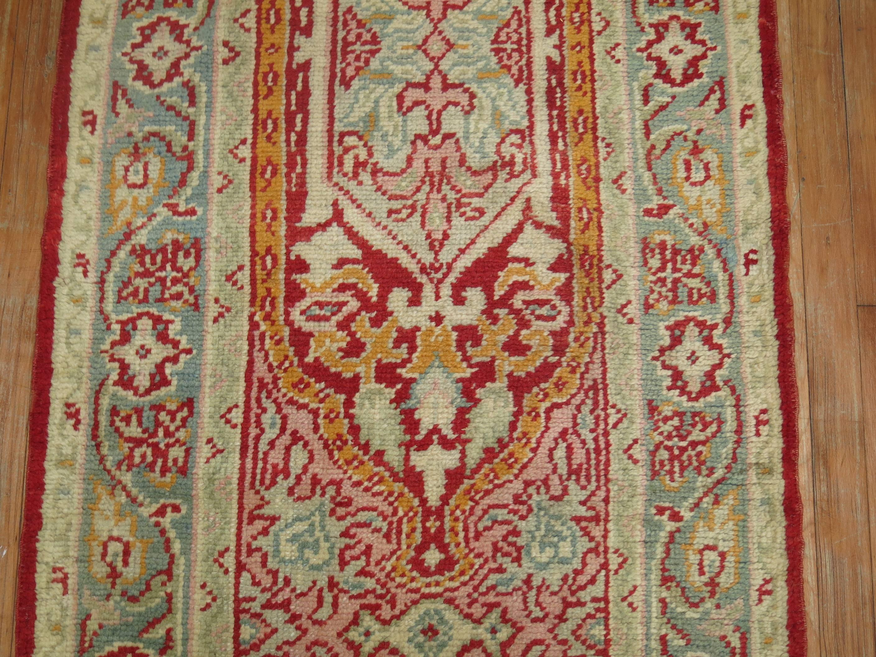 Pink Field Red Green Accent Formal Full Pile Antique Turkish Oushak Runner In Excellent Condition For Sale In New York, NY