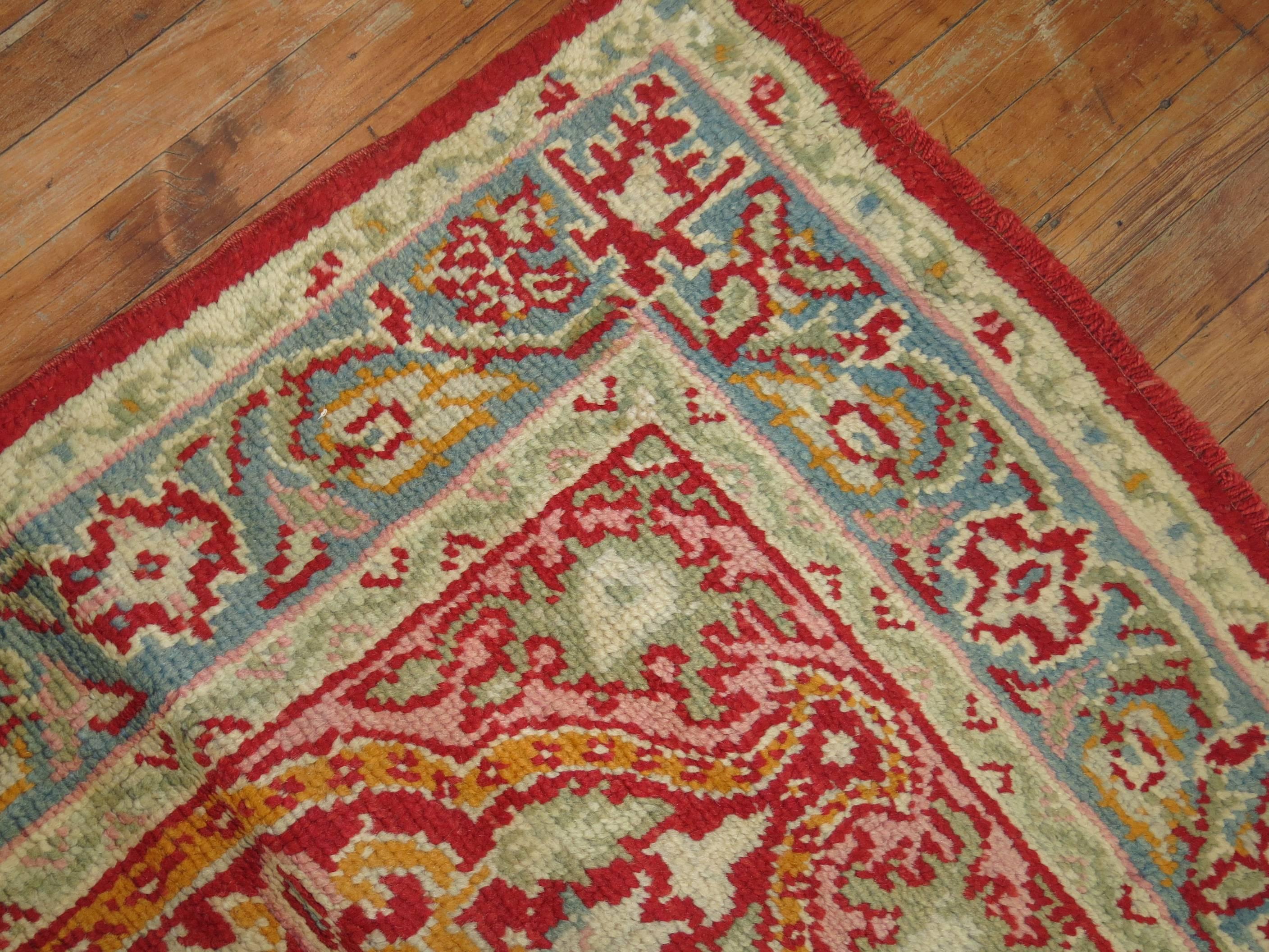 20th Century Pink Field Red Green Accent Formal Full Pile Antique Turkish Oushak Runner For Sale