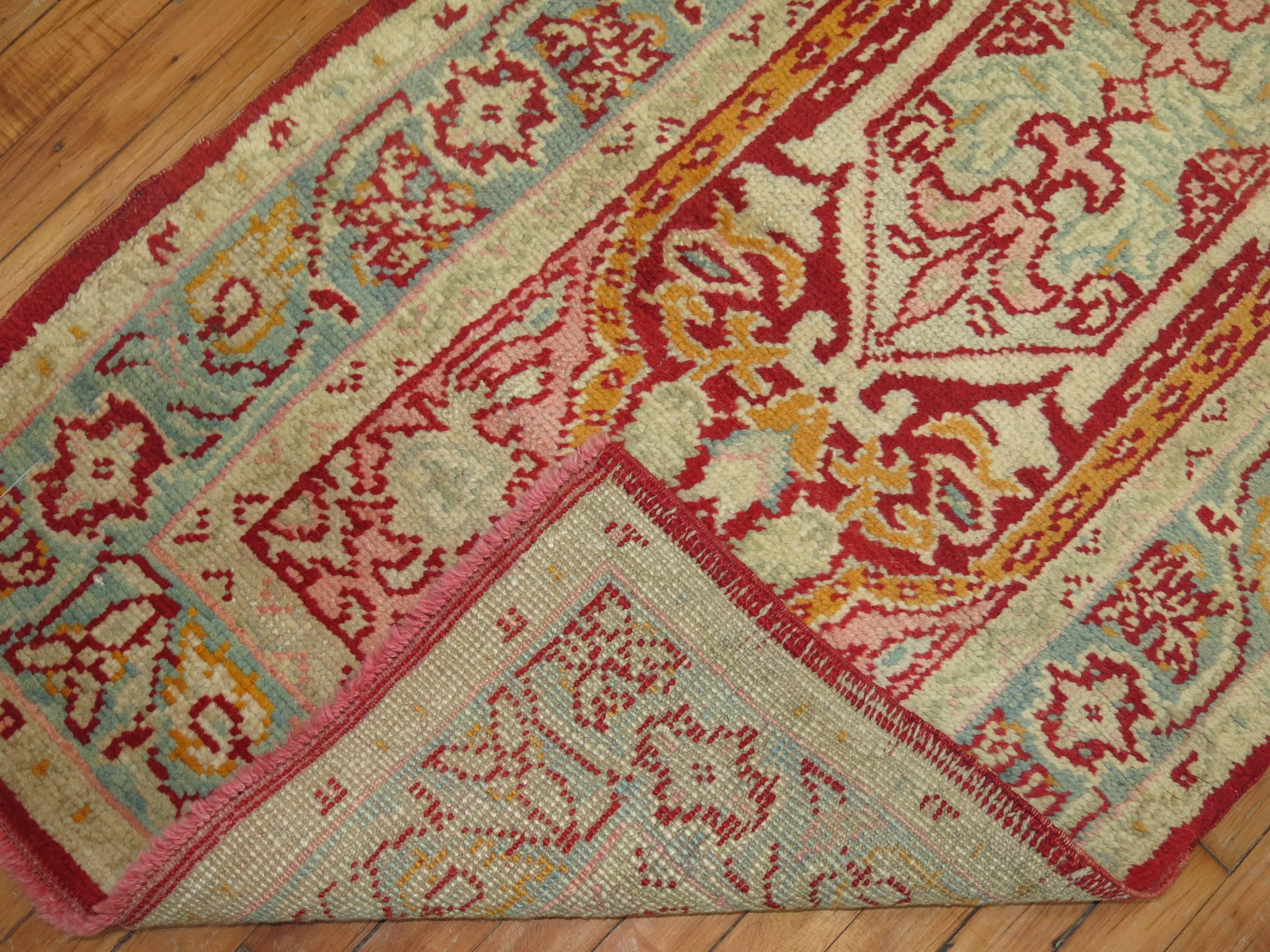 Wool Pink Field Red Green Accent Formal Full Pile Antique Turkish Oushak Runner For Sale