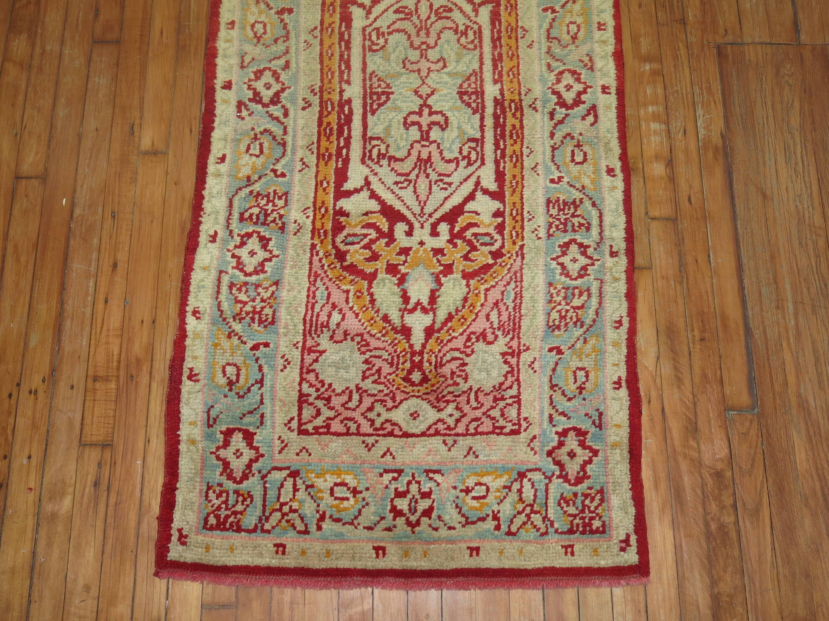 Pink Field Red Green Accent Formal Full Pile Antique Turkish Oushak Runner For Sale 1