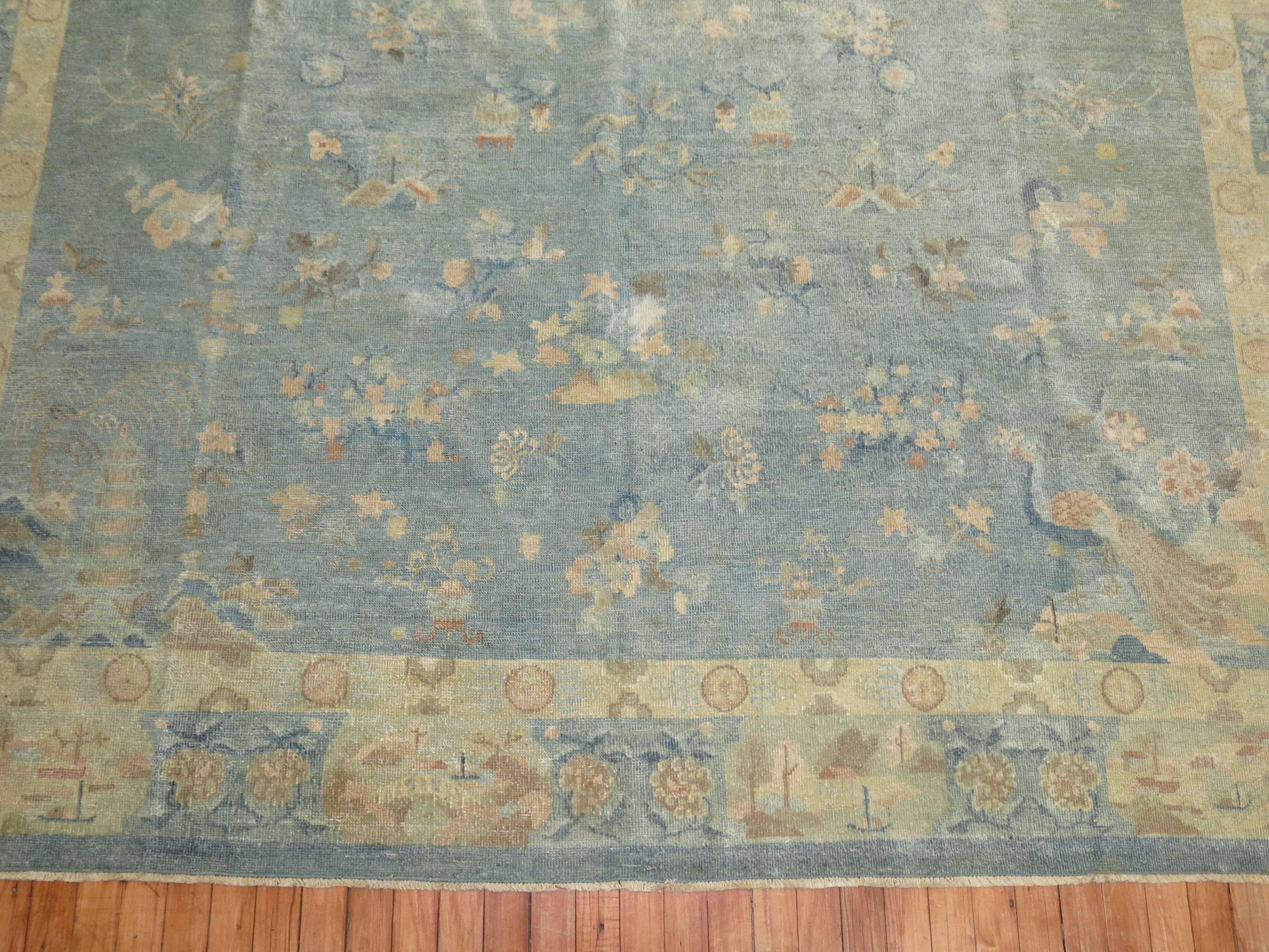 Water Blue Ivory Early 20th Century Antique Chinese Hand-Made Wool Oriental Rug 5