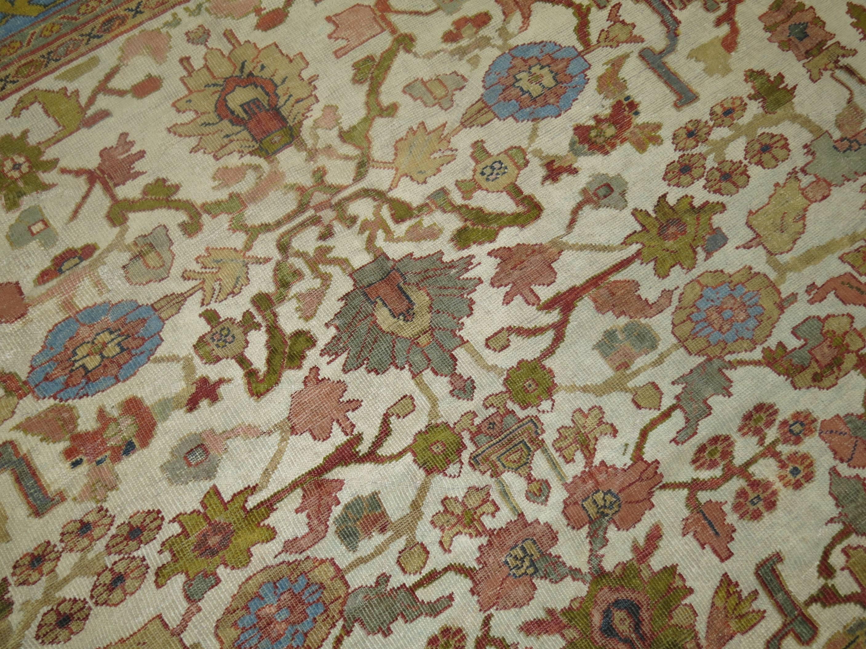 Beautiful Ivory Sky Blue Antique Persian Mahal Carpet For Sale 1