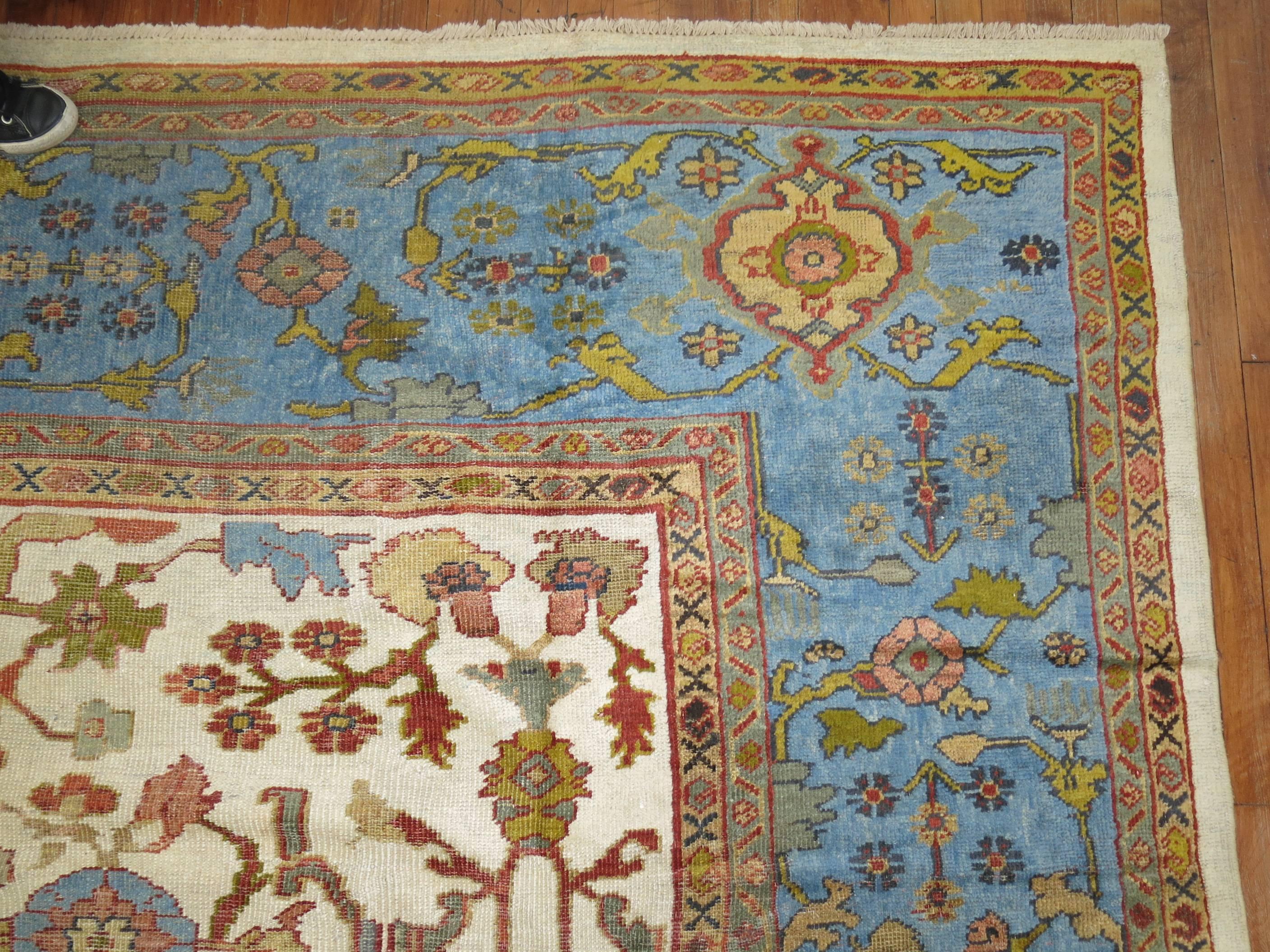 Beautiful Ivory Sky Blue Antique Persian Mahal Carpet For Sale 2