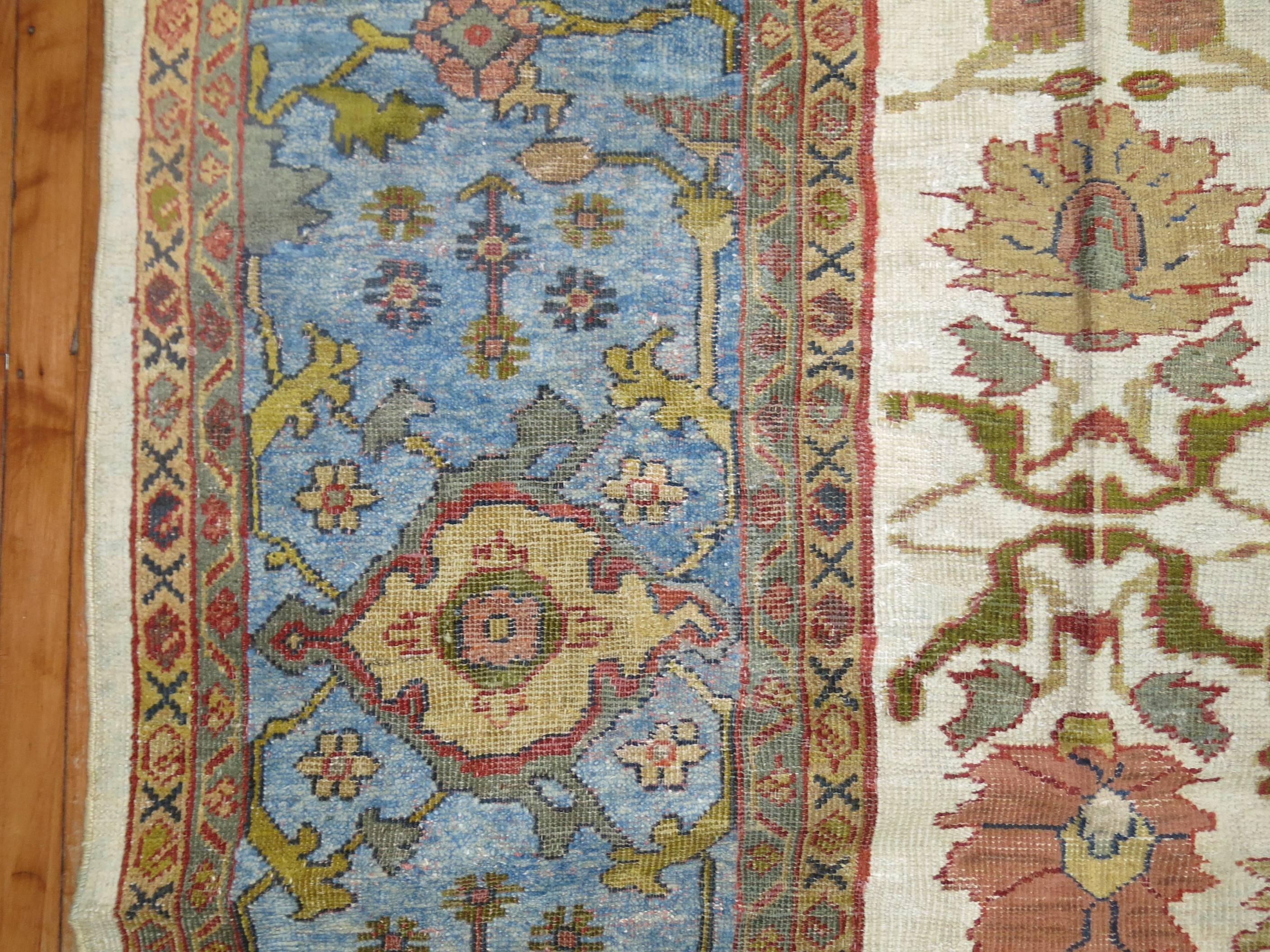 Beautiful Ivory Sky Blue Antique Persian Mahal Carpet For Sale 3
